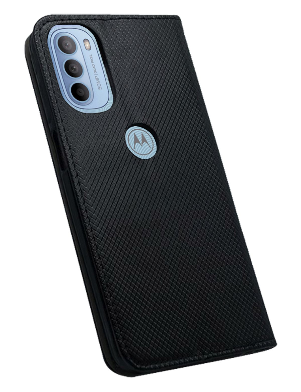 Schwarze Handyhülle mit strukturiertem Muster und blauem Motorola-Logo. Die Hülle ist geschlossen.