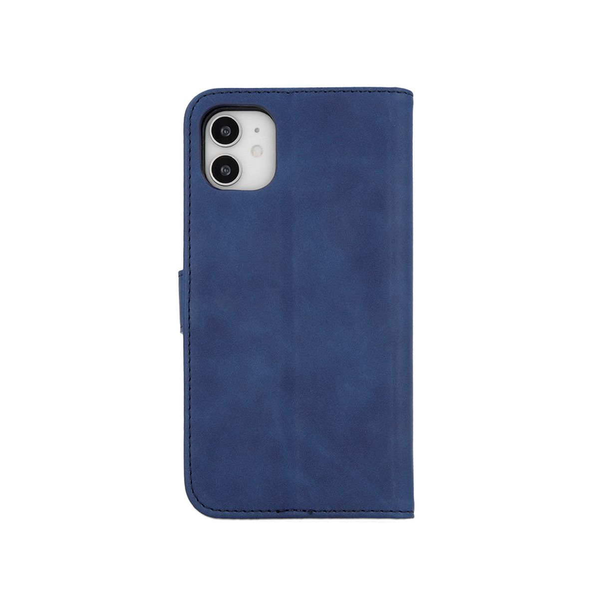 Blaues Leder-Handycase mit Kameraausschnitt, geschlossen.