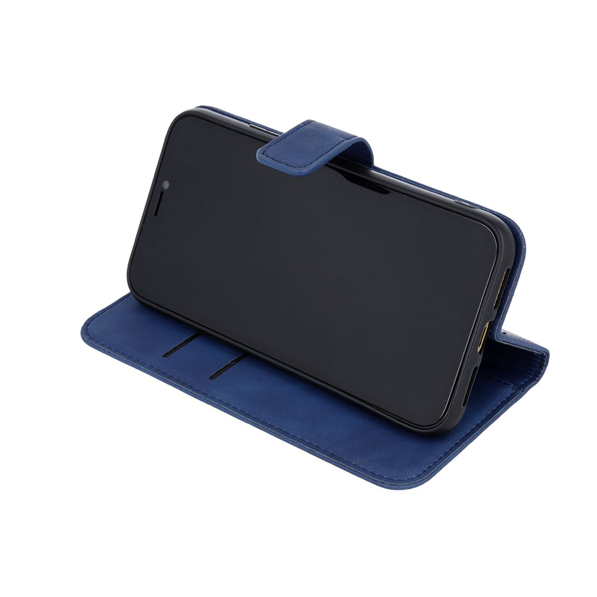 Eine blaue, lederartige Handyhülle mit einem Telefon darin, geöffnet und aufgestellt.