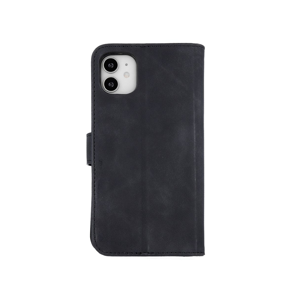 Schwarze Leder-Handyhülle mit Magnetverschluss. Der Koffer ist geschlossen.