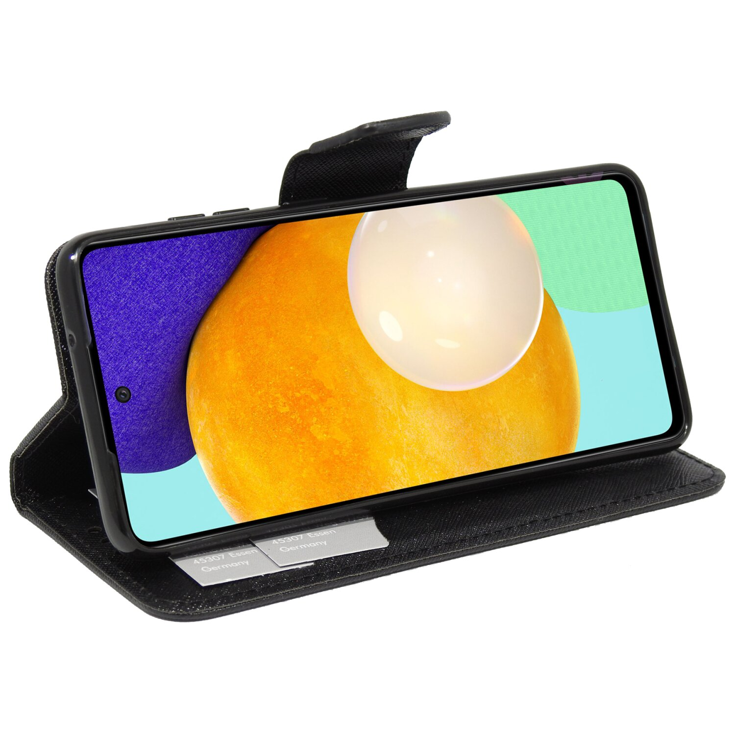 Geöffnete schwarze Handyhülle mit Telefon. Großes oranges Bild auf dem Bildschirm.