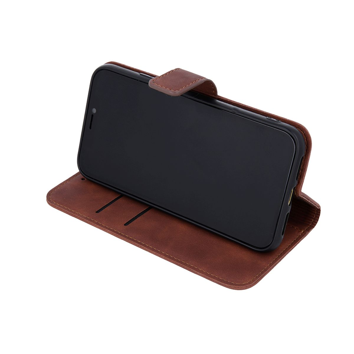 Braune Leder-Handyhülle, geöffnet mit Telefon im Inneren. Der Telefonbildschirm ist schwarz.