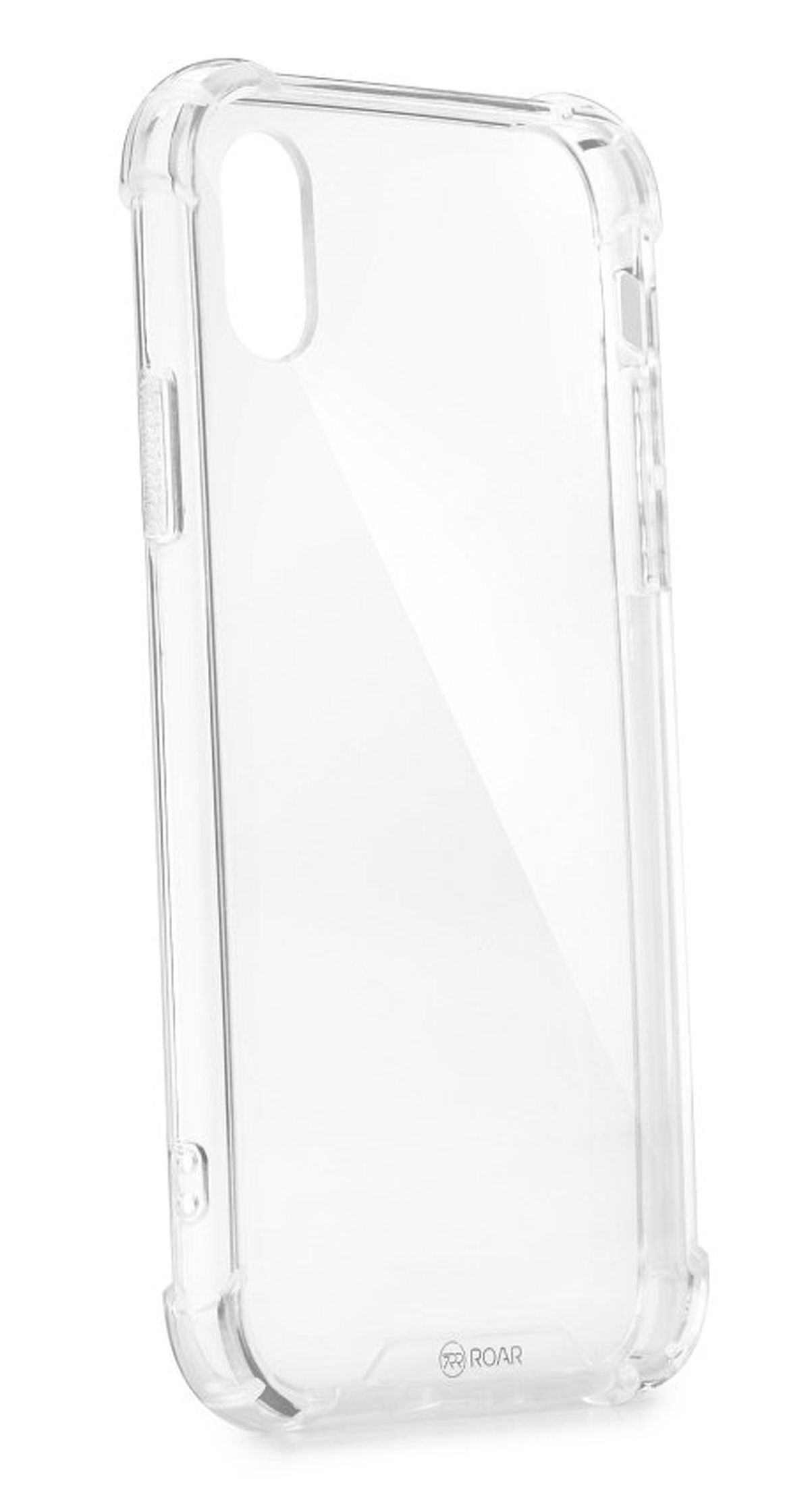 Eine transparente Handyhülle. Sie ist transparent, zeigt die Form des Telefons und hat verstärkte Kanten.