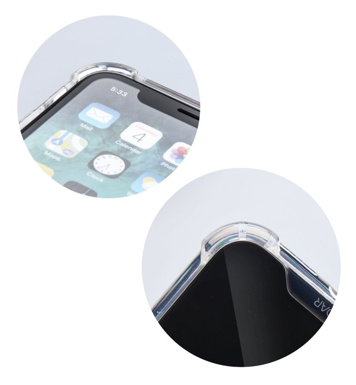 Nahaufnahme eines Telefonbildschirms mit App-Symbolen, in einer transparenten Hülle.