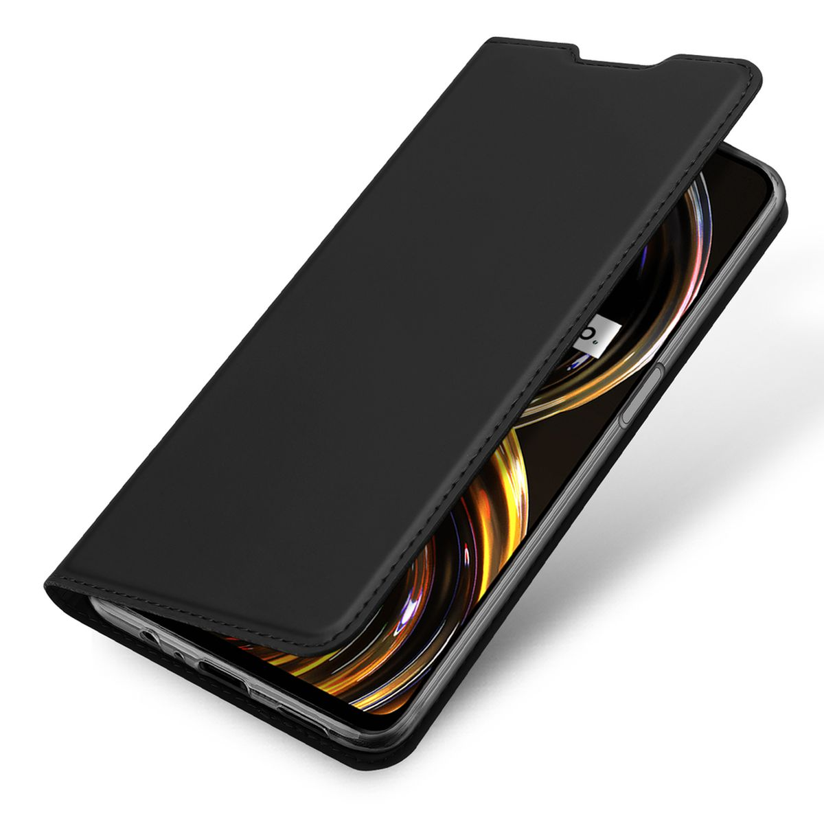 Telefono nero in una custodia nera aperta. Lo schermo del telefono è visibile. Lo sfondo è bianco.