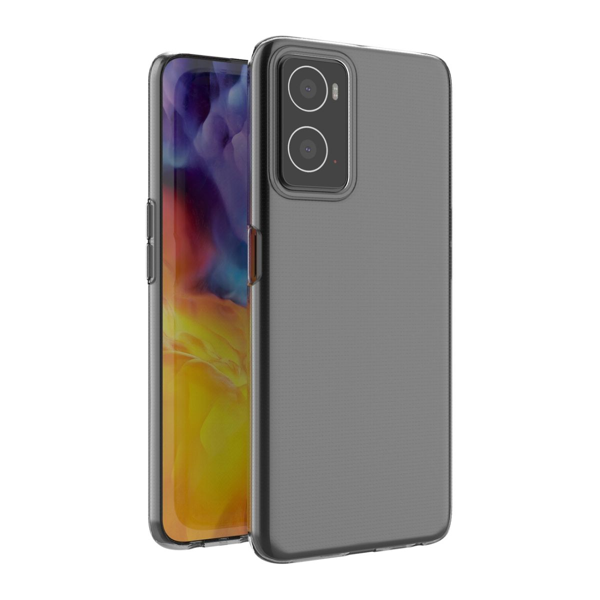 Ein schwarzes Telefon in einer grauen Hülle wird gezeigt. Das Telefon befindet sich auf weißem Hintergrund.