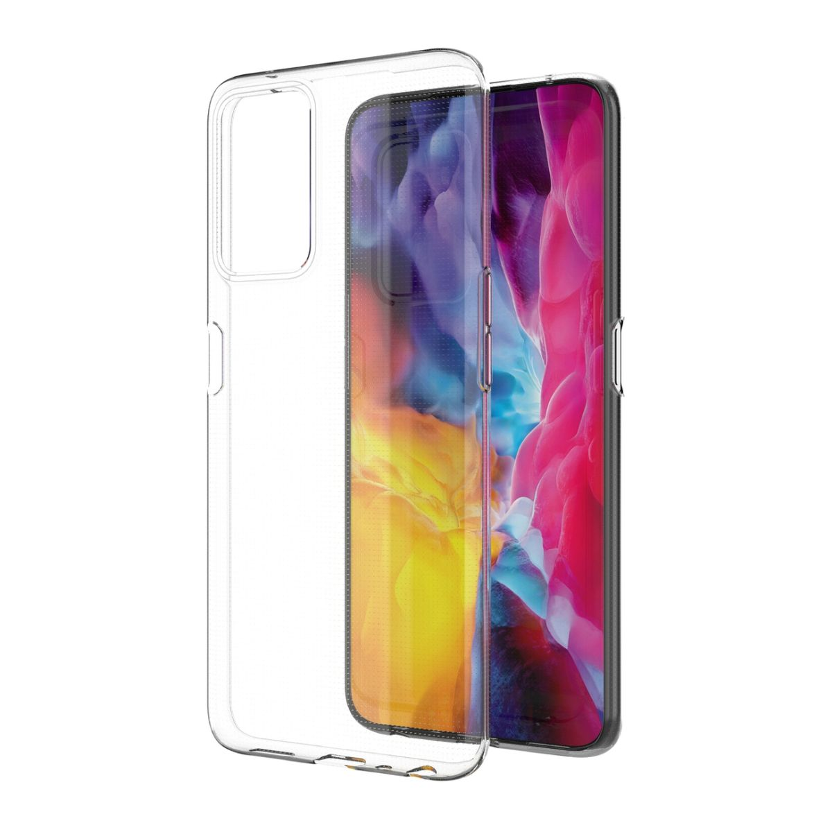 Transparente Handyhülle mit Telefon, weißer Hintergrund.