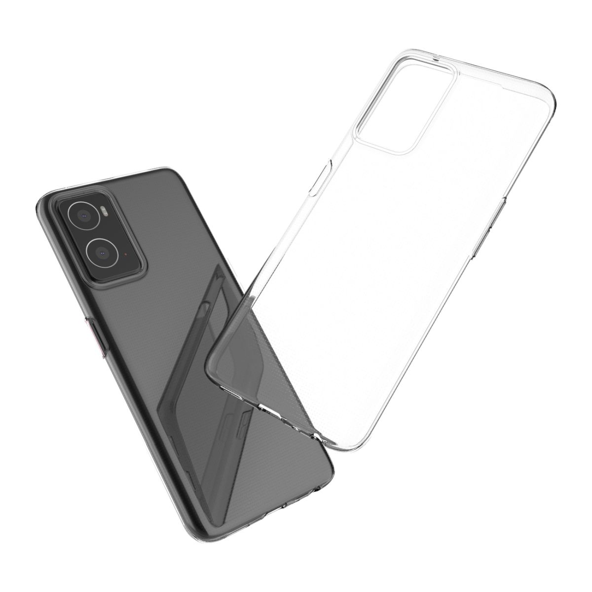 Zwei Telefone, eines schwarz, eines mit durchsichtiger Hülle, Kameras und Telefonumrisse zeigend.