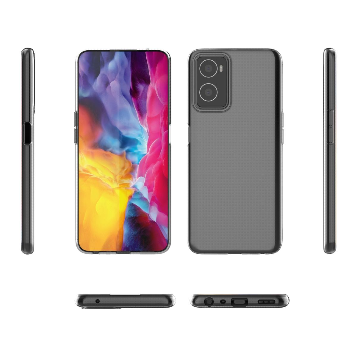 Telefon mit vier Ansichten. Rückseite, Vorderseite, Seite und Unterseite. Das Telefon ist schwarz und hat eine Hülle.