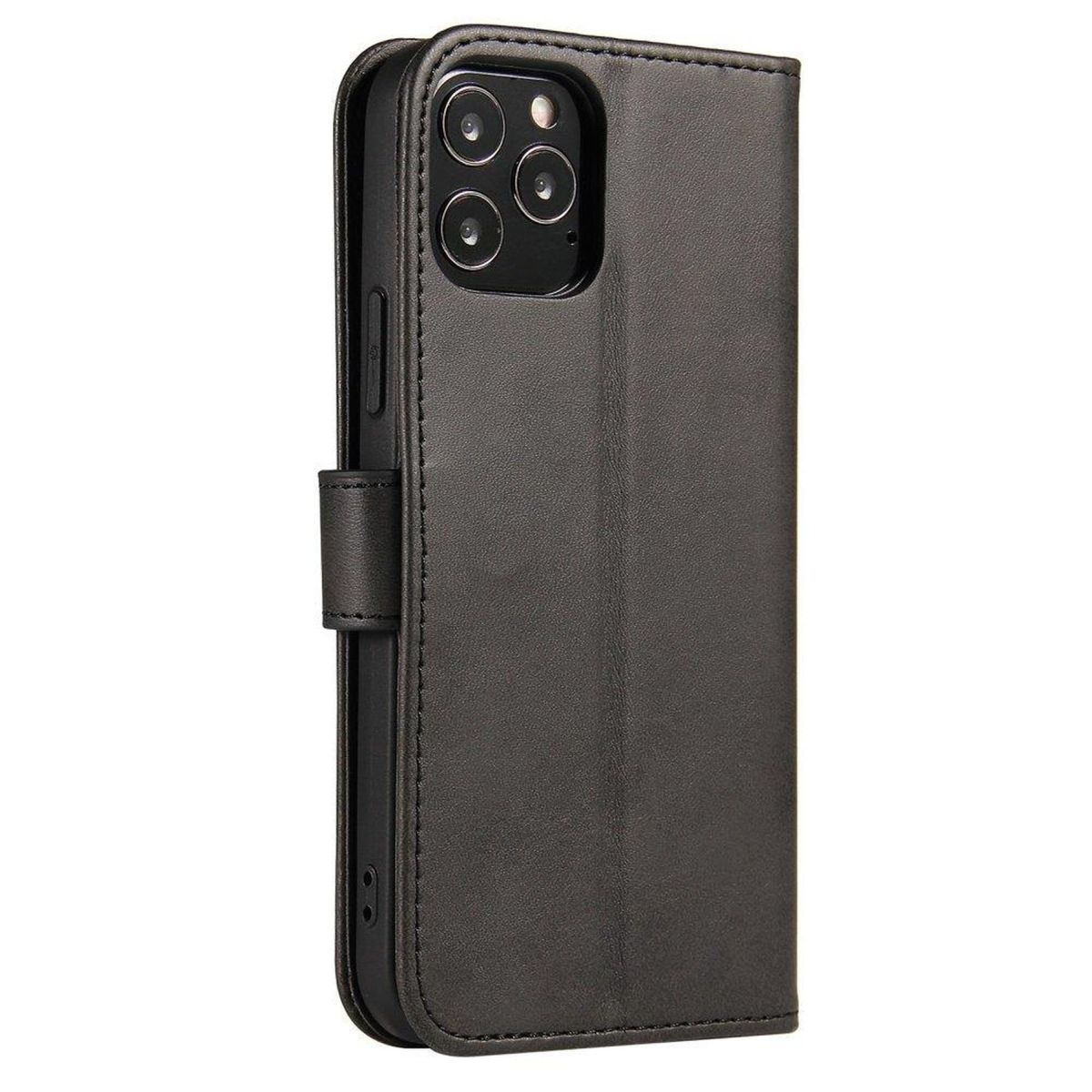 Eine schwarze Telefonhülle im Brieftaschen-Design, geschlossen, mit einem Telefon darin.