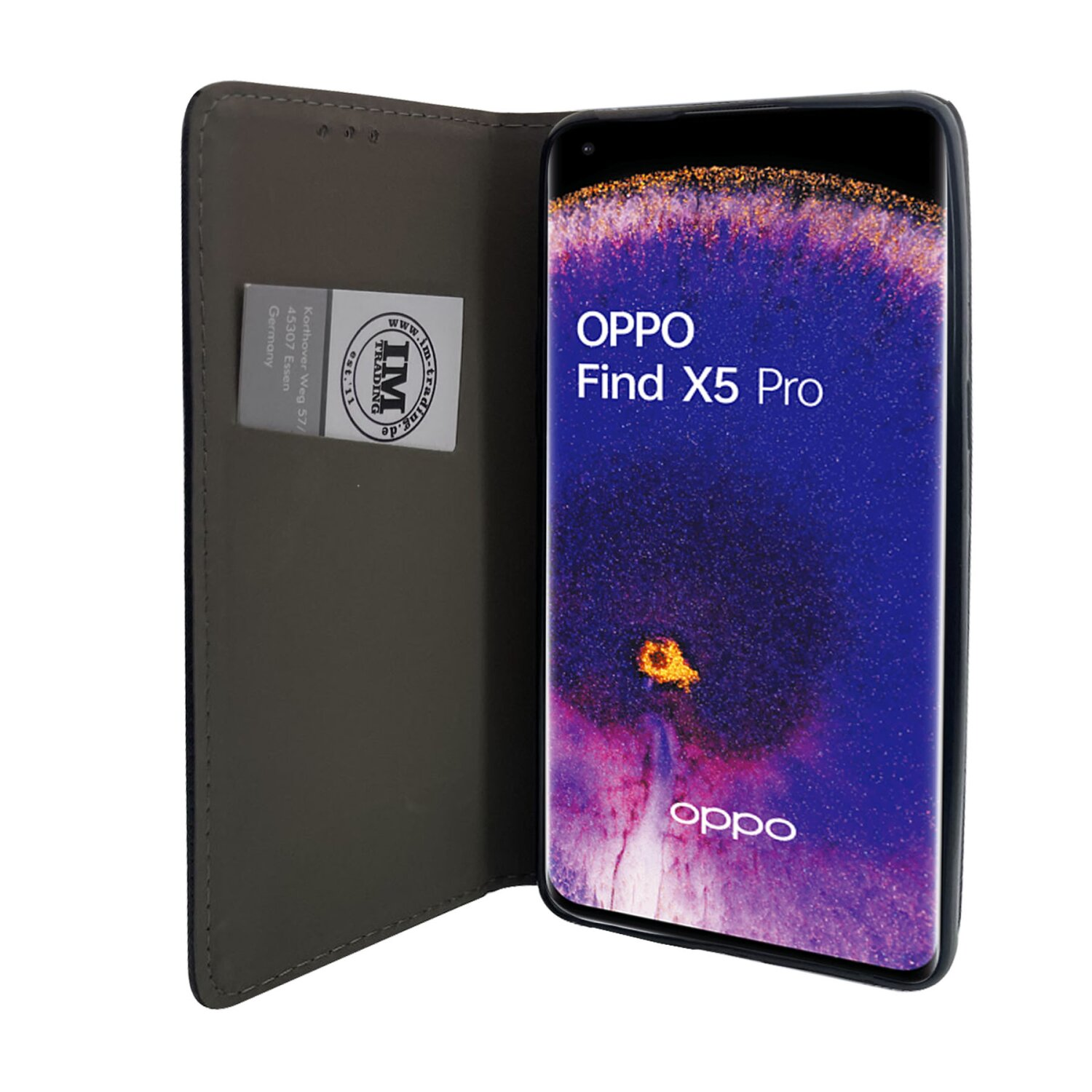 Geöffnete Handyhülle mit OPPO Find X5 Pro auf dem Display.