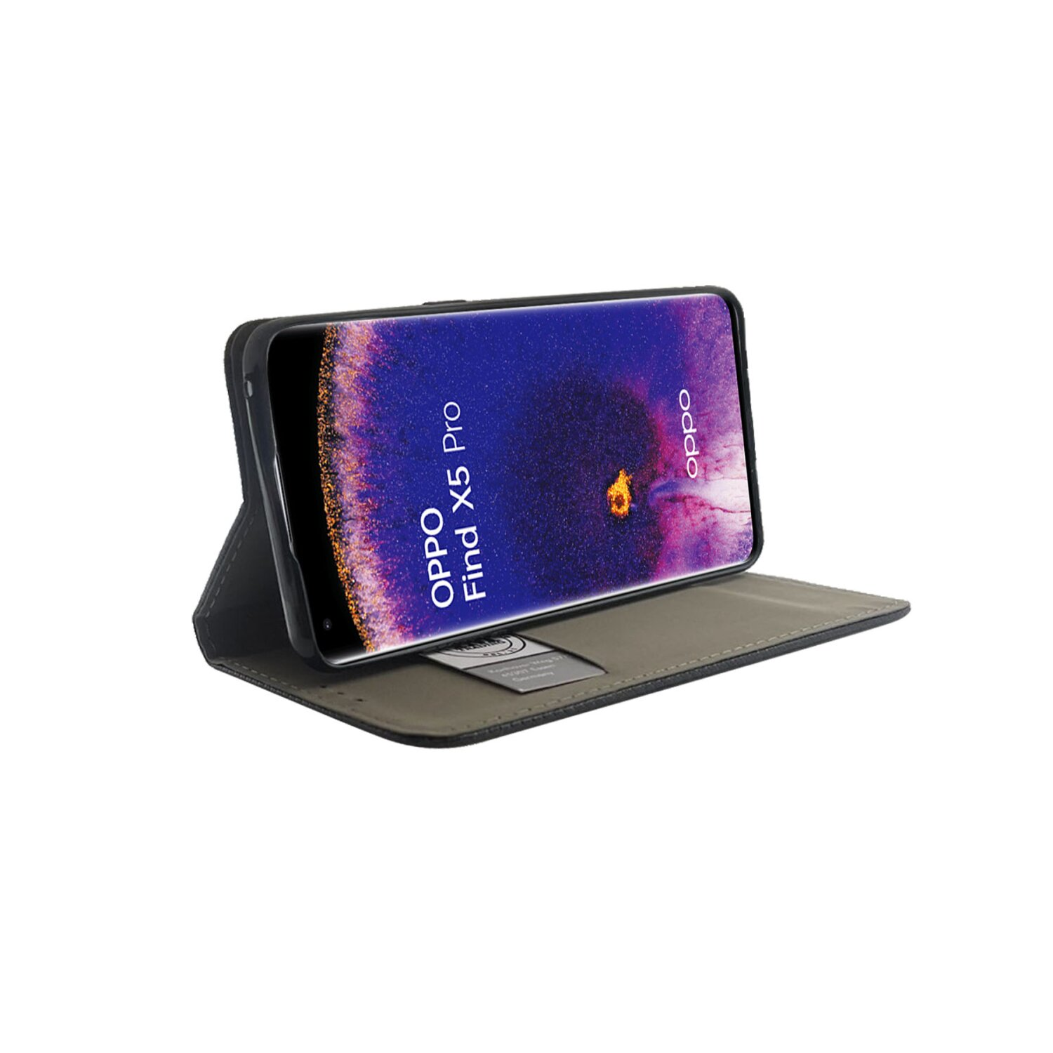 Telefon in einer Hülle mit einem farbenfrohen Bild auf dem Bildschirm.