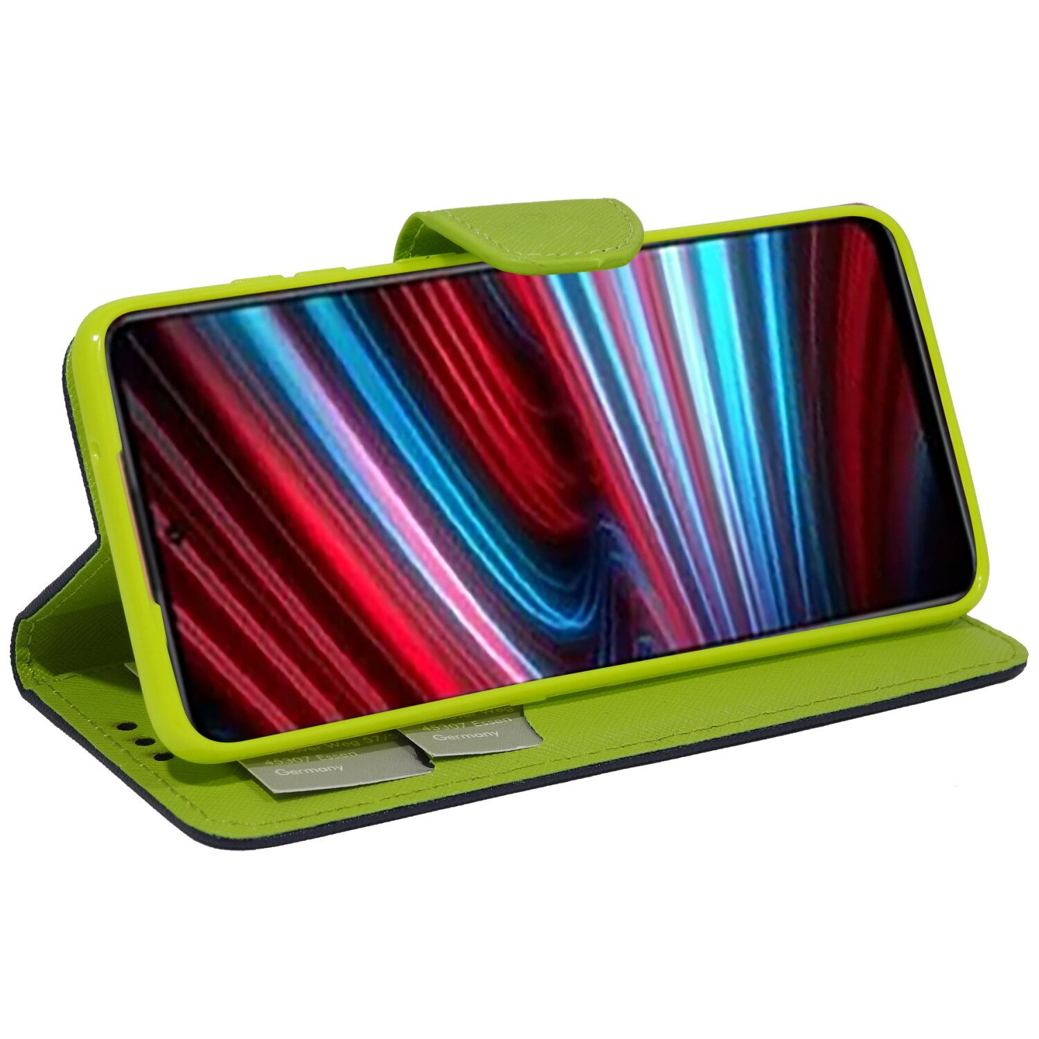 Grüne Handyhülle mit rotem und blauem Telefonbildschirm. Das Telefon befindet sich in einer Hülle im Folio-Stil.