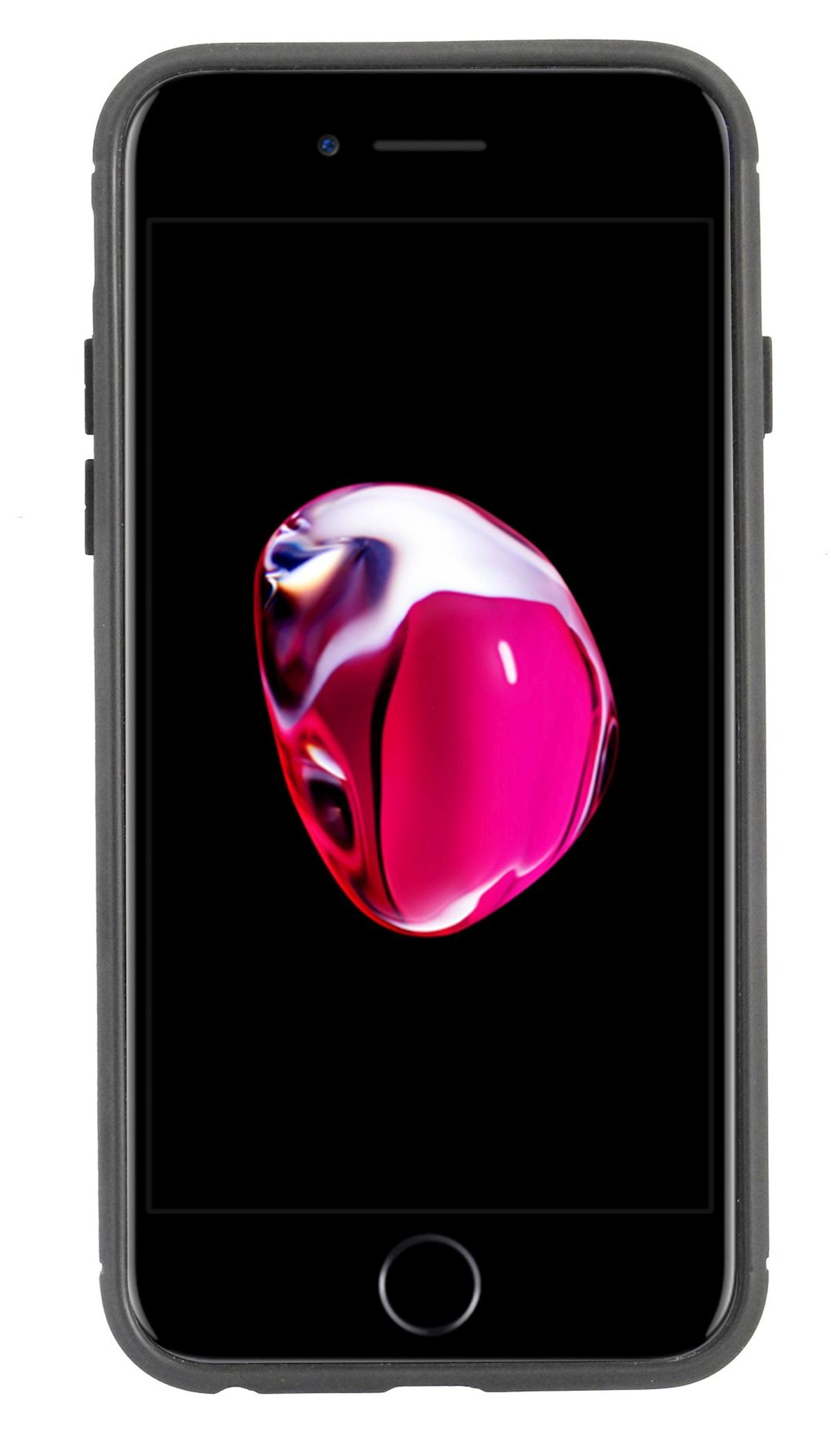 Ein schwarzes Telefon mit farbigem Bildschirm. Ein rosa-weißes Design ist auf dem Bildschirm sichtbar.