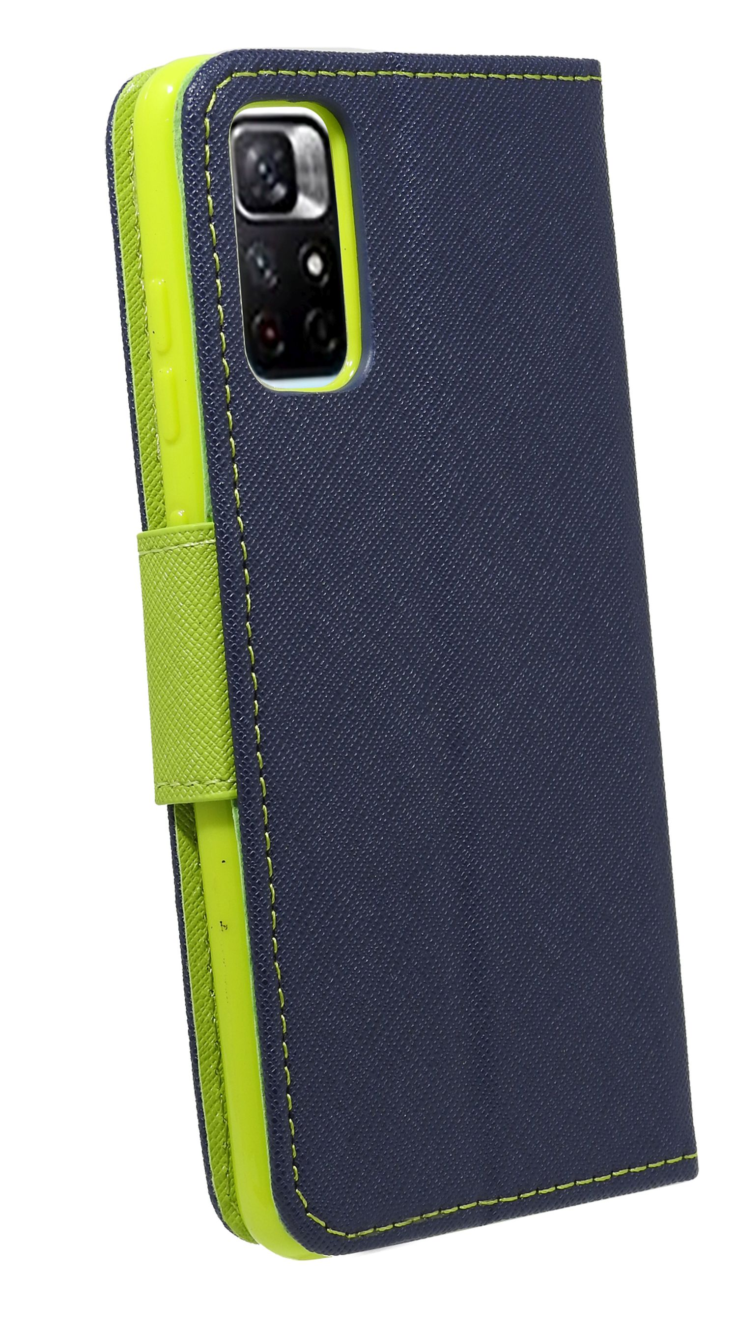 Marineblaue Handyhülle, limettengrüner Innenraum, Telefon in der Hülle. Weißer Hintergrund.
