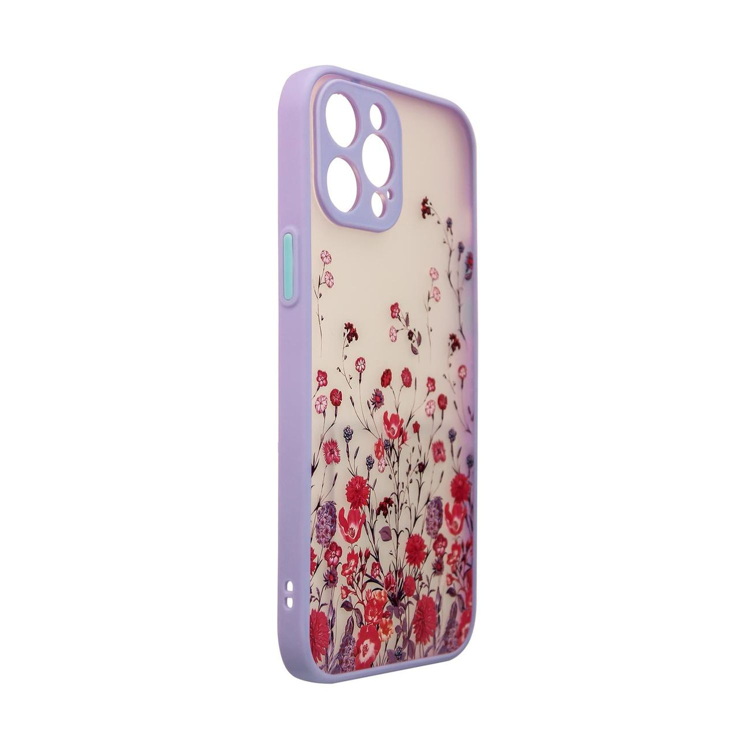 Lila Handyhülle mit Blumendesign. Blumen in Rot und Pink. Hülle auf weißem Hintergrund.