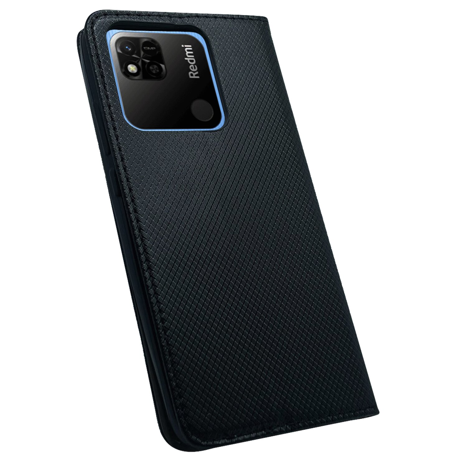 Eine schwarze Handyhülle mit Redmi-Logo und schwarzem Kameramodul in blauem Quadrat.