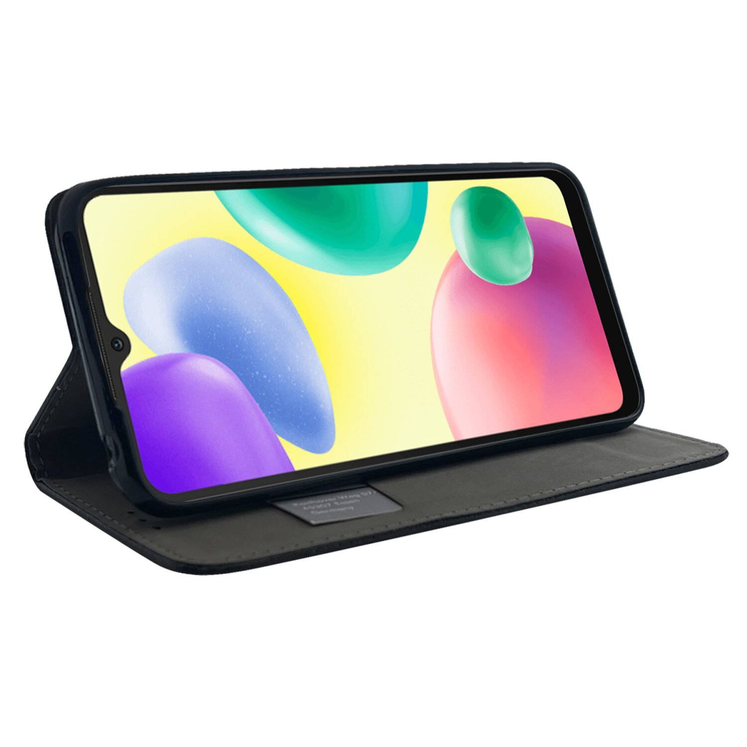 Geöffnete Handyhülle, Telefon mit farbenfroher Grafik, schwarze Hülle. Weißer Hintergrund.