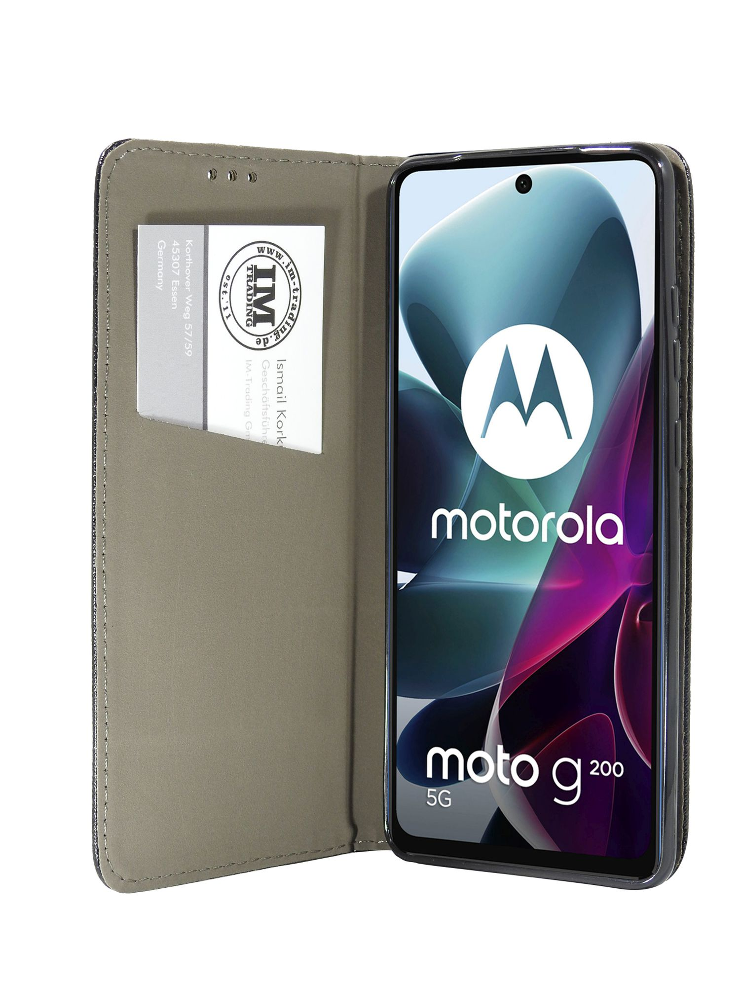 Handyhülle mit Telefon und Kartenhalter. Das Telefon zeigt das Motorola-Logo.
