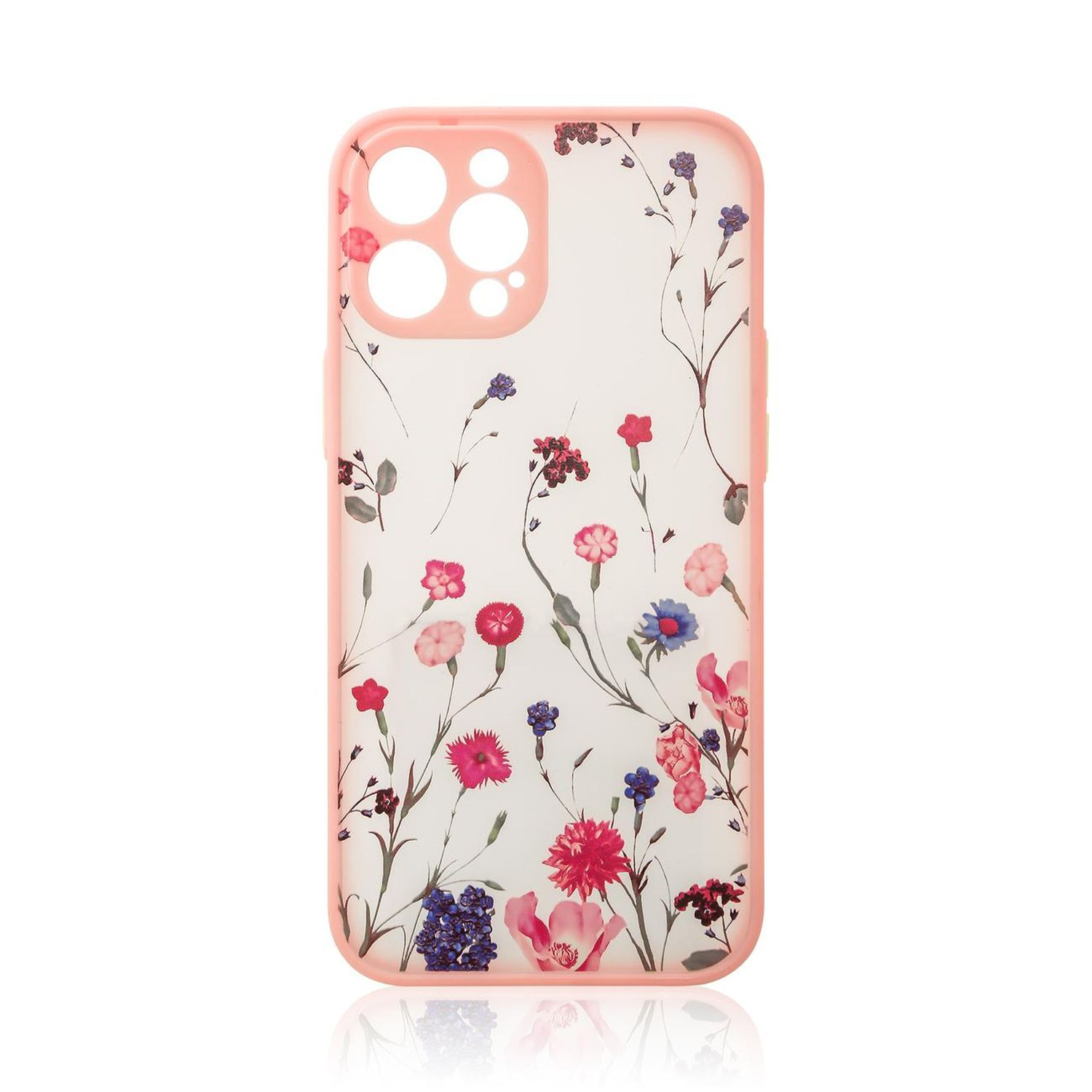 Eine transparente Handyhülle mit floralen Mustern. Blumen in Rosa, Blau und Rot sind sichtbar. Die Ränder sind rosa.