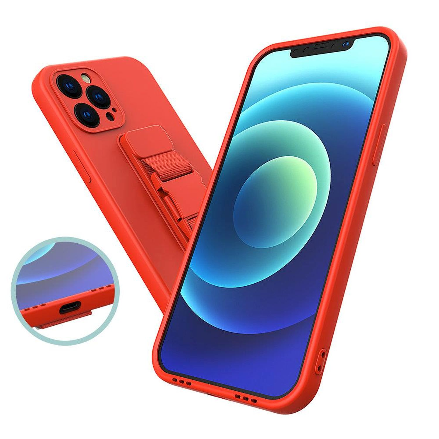 Eine rote Handyhülle mit Ständer. Die Hülle hat einen Kameraausschnitt und umgibt das Telefon.