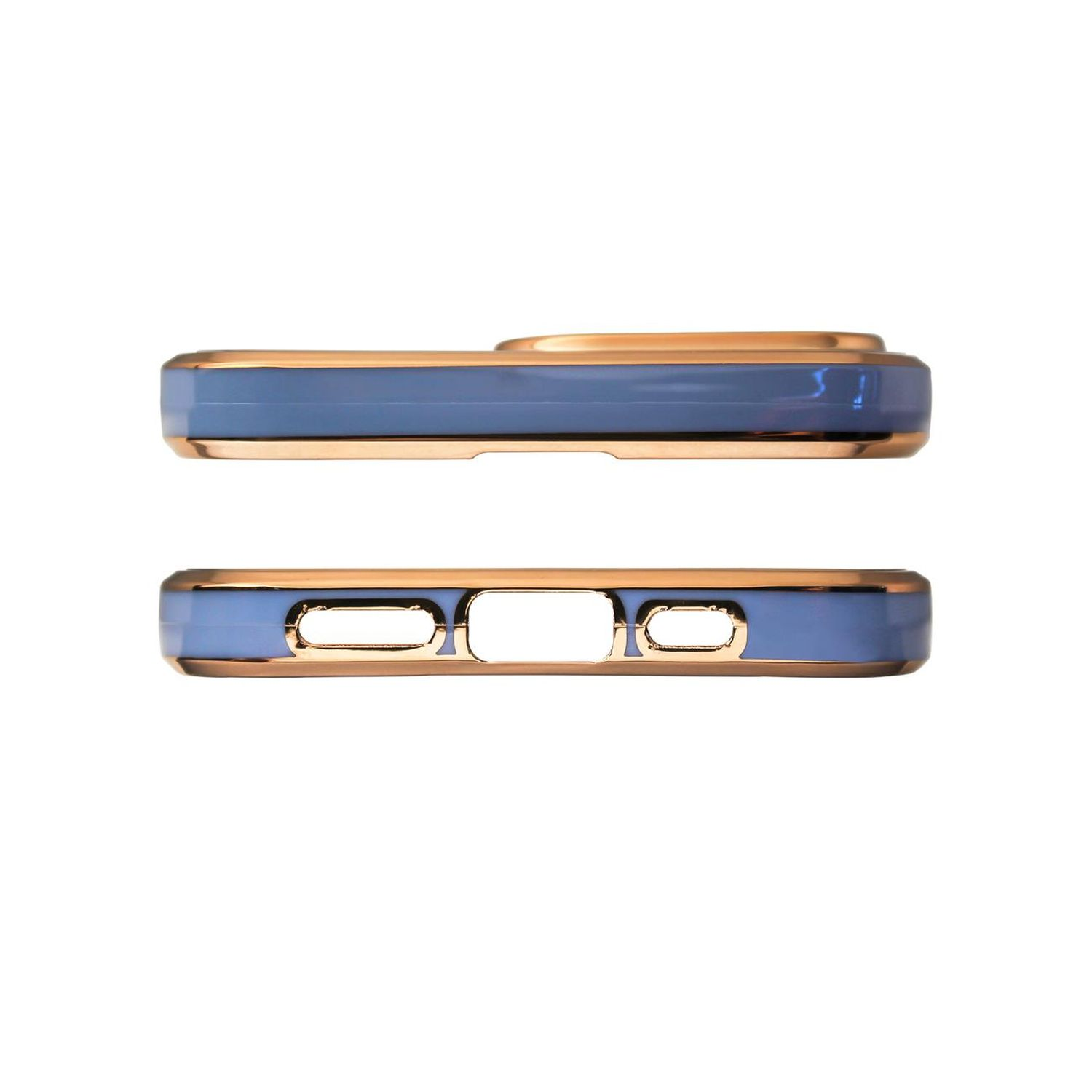 Oben- und Unteransicht einer blauen Handyhülle mit goldenen Verzierungen, mit Aussparungen für Kamera und Anschlüsse.