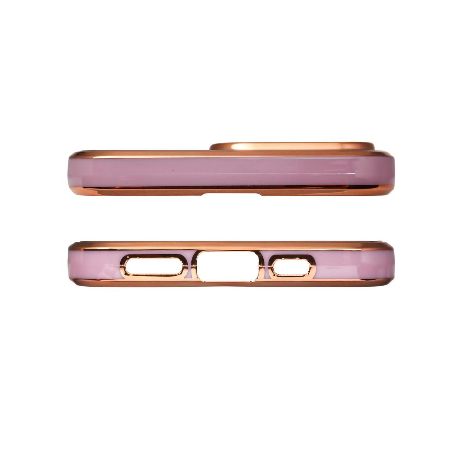 Zwei Handyhüllen, rosa mit goldfarbenen Zierleisten, eine zeigt die Oberseite, die andere die Unterseite.