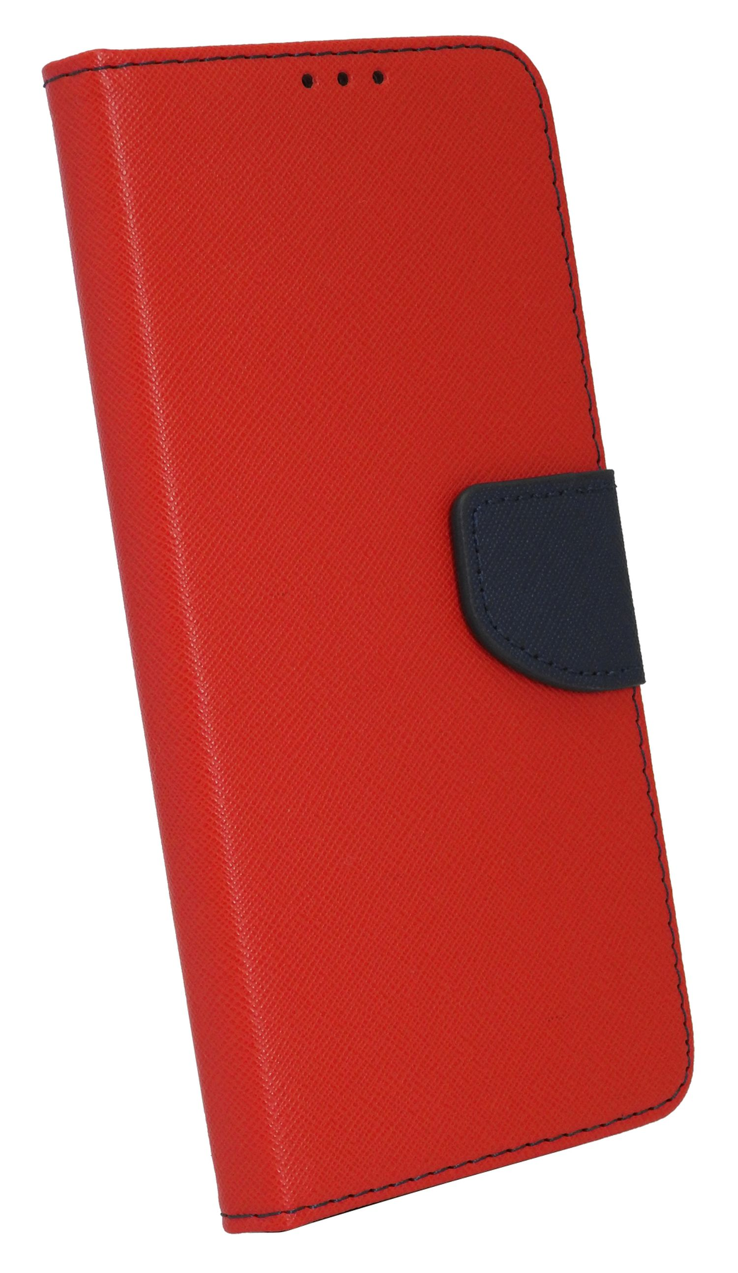 Rote Handyhülle mit dunkelblauem Verschluss. Die Hülle scheint aus Leder zu sein.