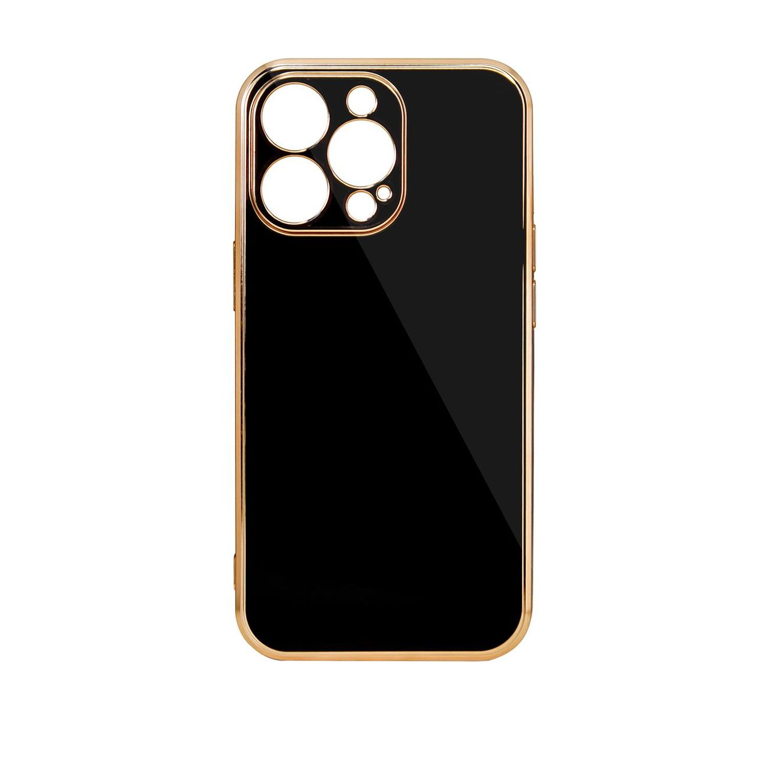 Schwarze Handyhülle mit goldenen Kanten. Das Telefon hat eine Kamera mit mehreren Linsen. Isoliert auf weißem Hintergrund.