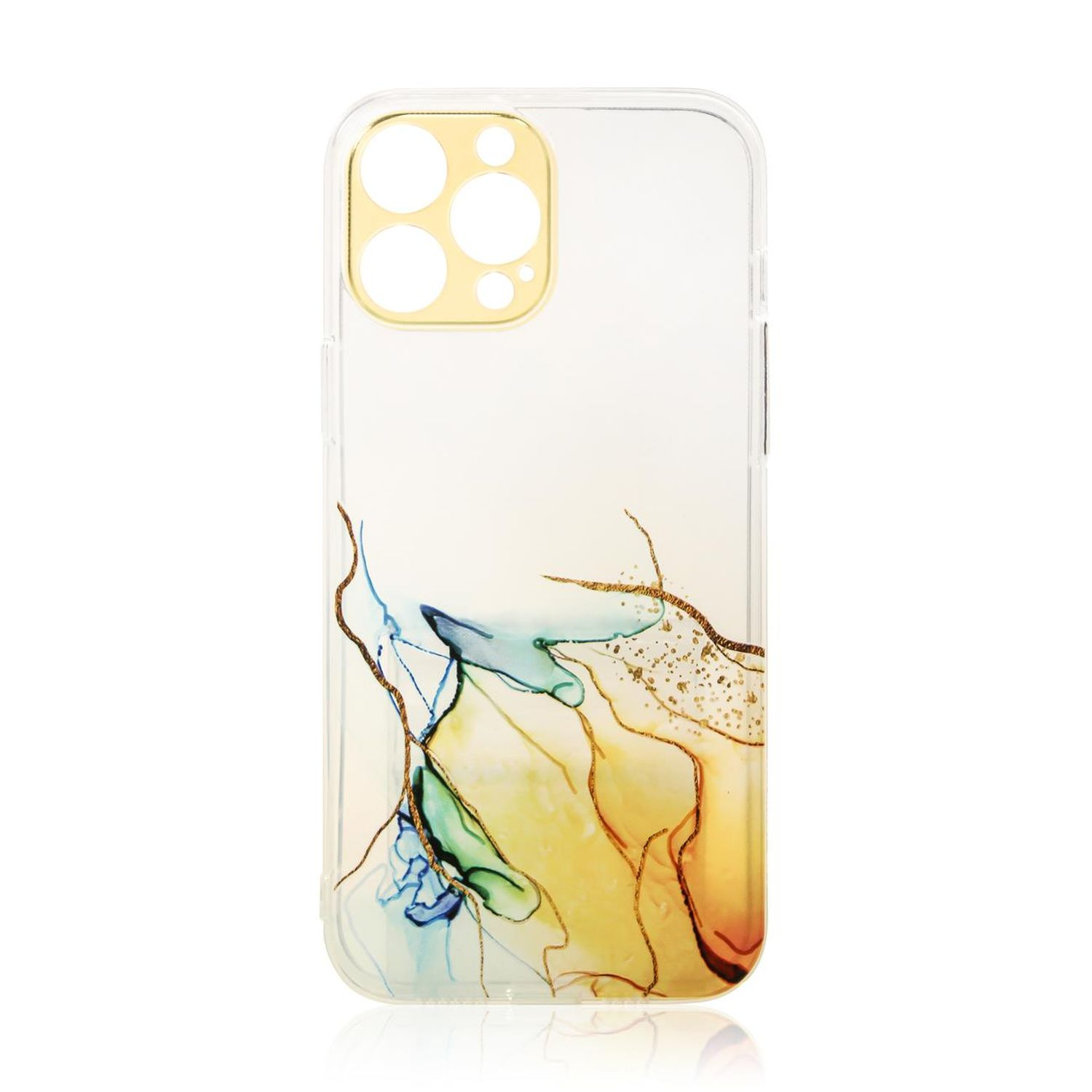 Transparente Handyhülle mit farbenfrohem, abstraktem Design. Goldene Kameralinse. Weißer Hintergrund.