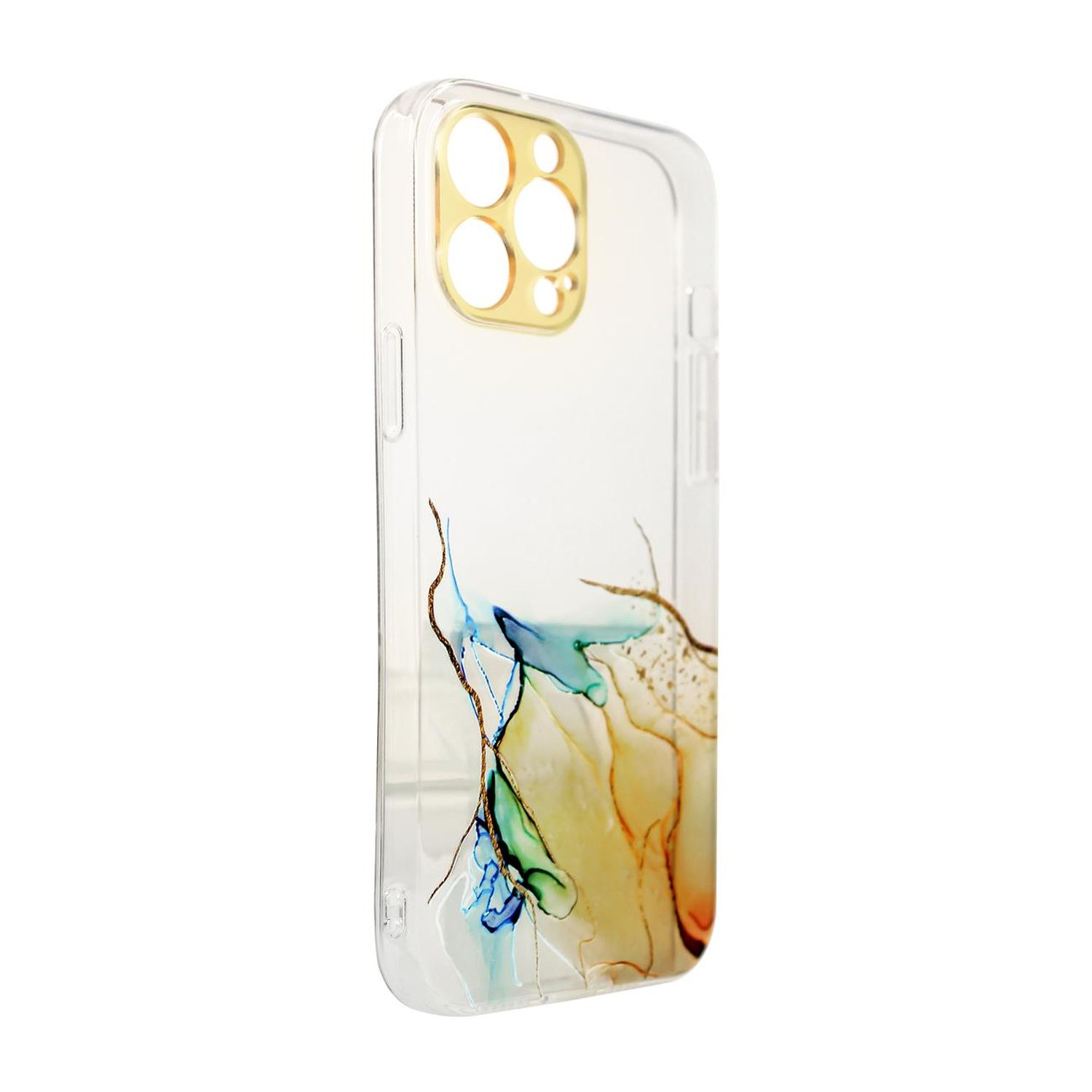 Eine transparente Handyhülle mit floralem Design und goldenem Kameraring.