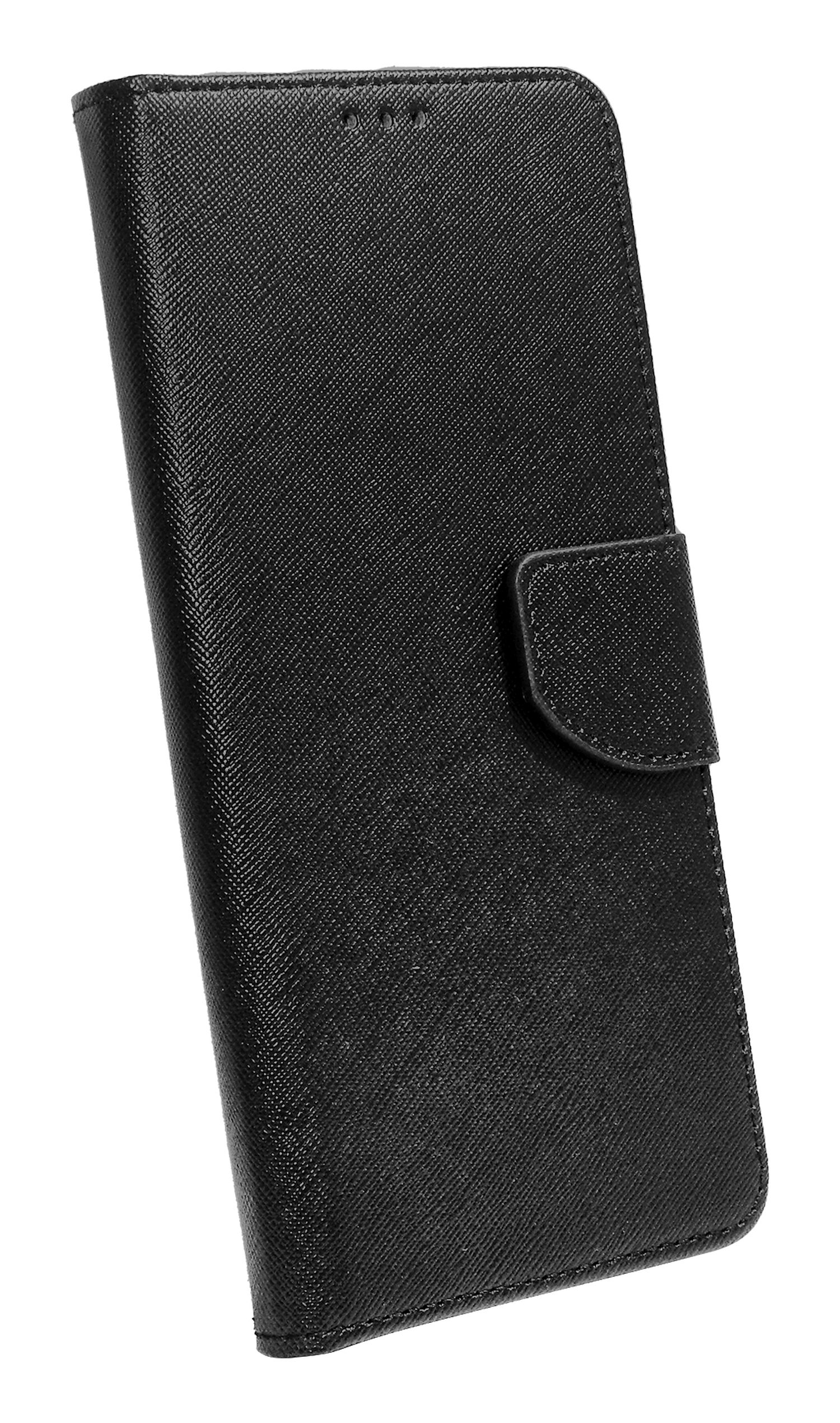 Schwarze Leder-Handyhülle mit strukturierter Oberfläche und Magnetverschluss.
