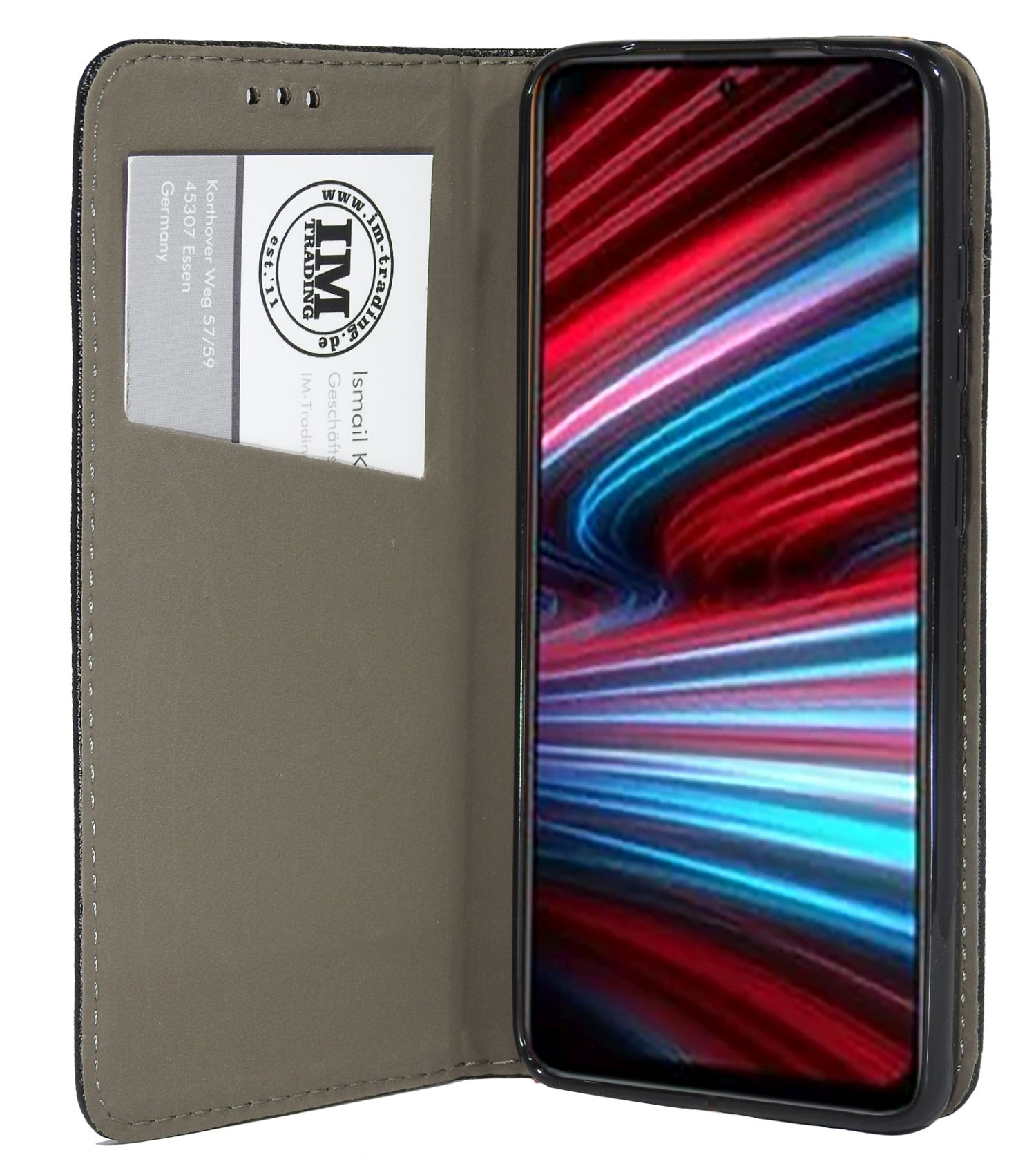 Eine Handyhülle mit einem Telefon, das ein rot-blaues Design zeigt. Die Hülle ist im Folio-Stil.