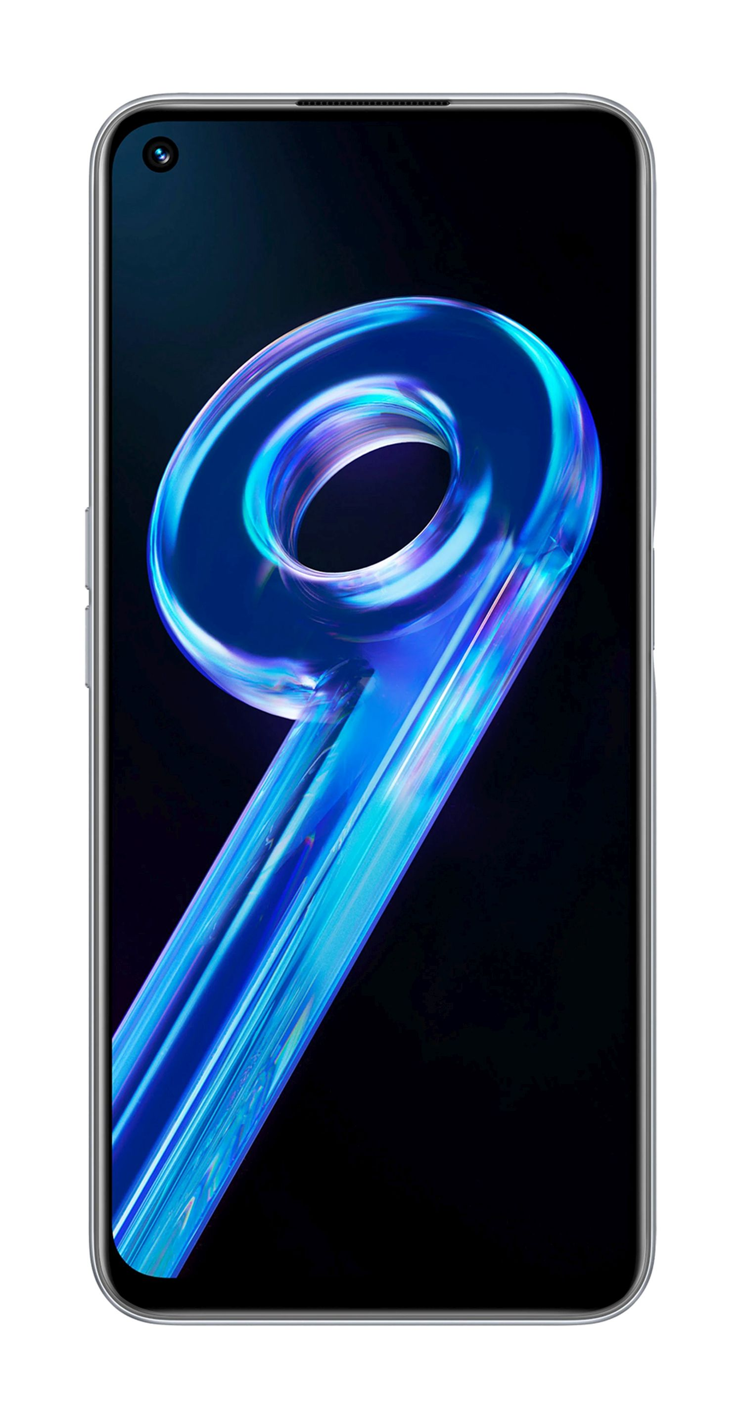 Ein Smartphone mit blau-weißem Design auf dem Bildschirm. Das Telefon hat einen silbernen Rahmen.