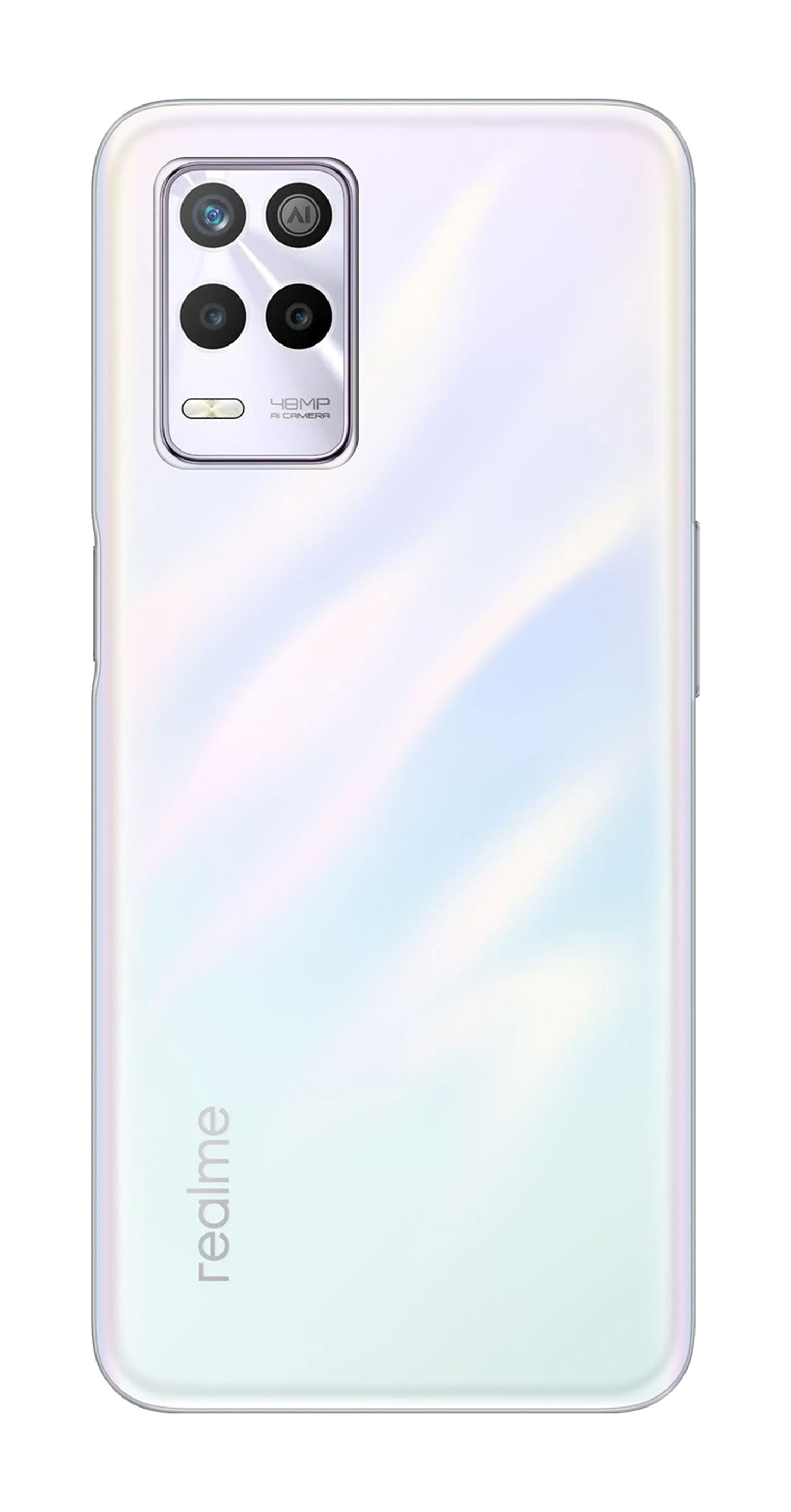 Die Rückseite eines weißen Smartphones mit mehreren Kameras. Das Wort 'realme' ist unten aufgedruckt.