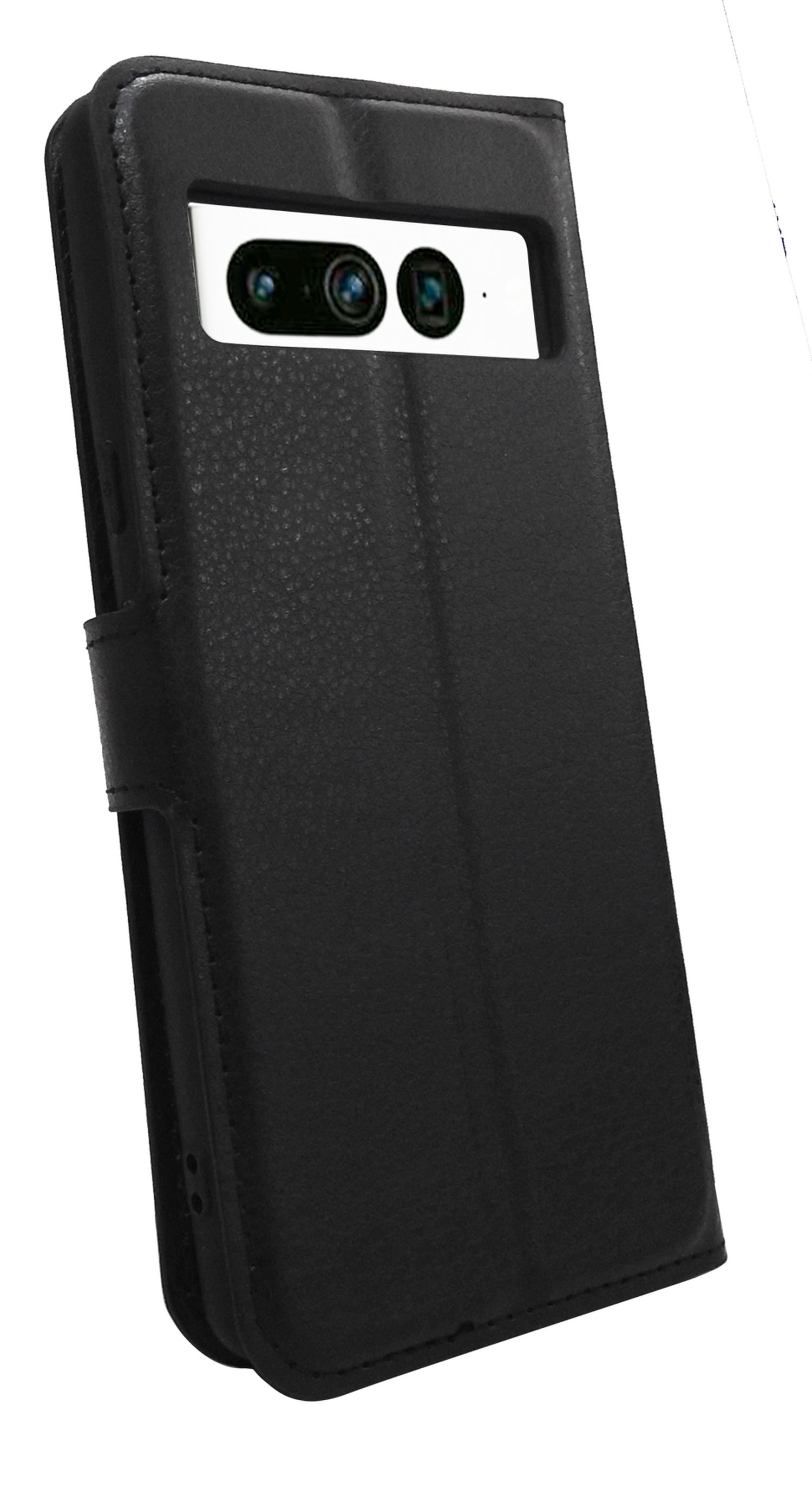Schwarze Handyhülle mit Telefon darin. Die Hülle ist geschlossen und die Kamera ist sichtbar.