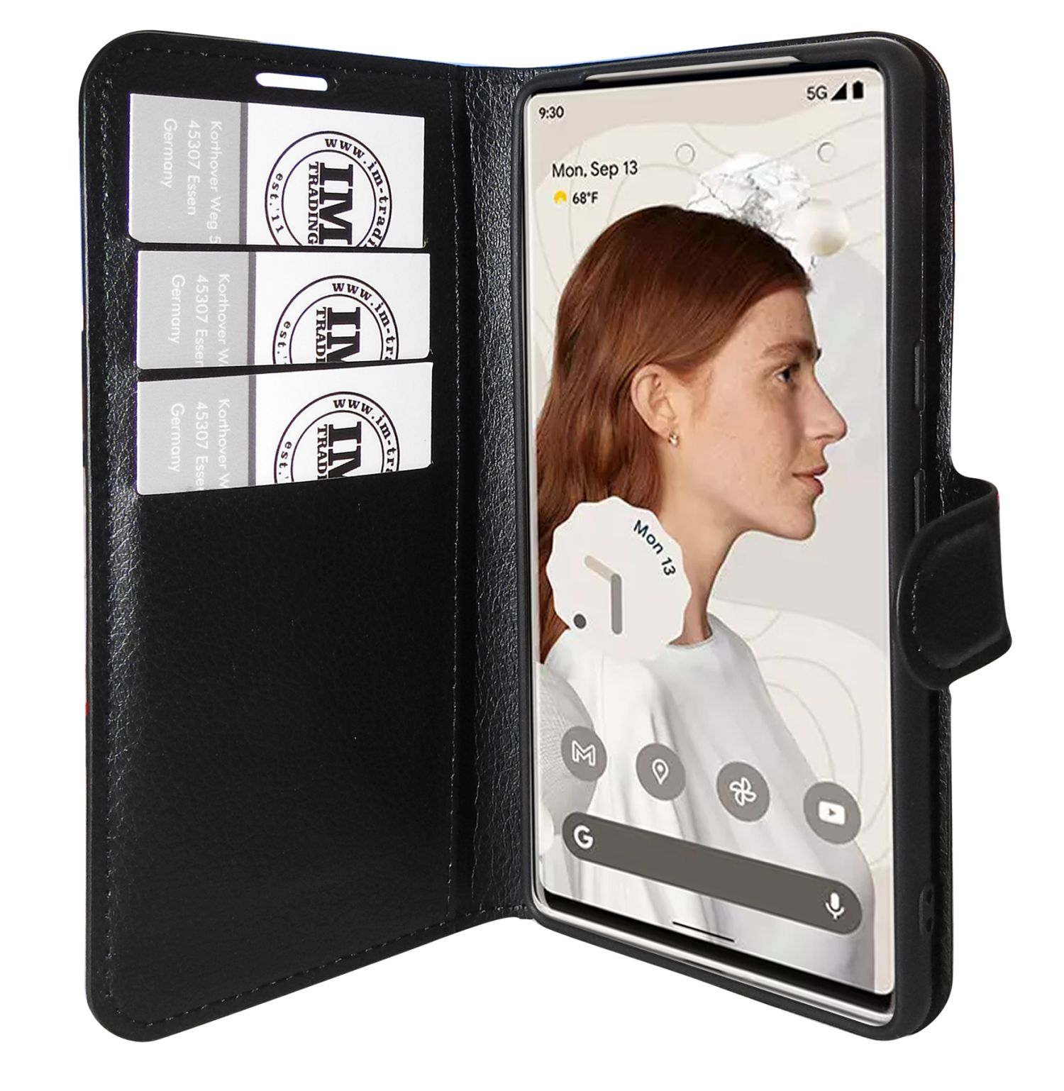 Schwarze Handyhülle offen, mit Karten und Telefon mit Frauenbild und Datum.