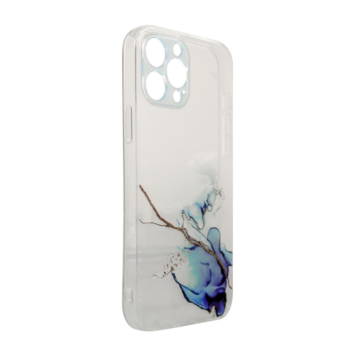 Eine transparente Handyhülle mit einem abstrakten Design in Blau und Gold. Die Hülle ist transparent.