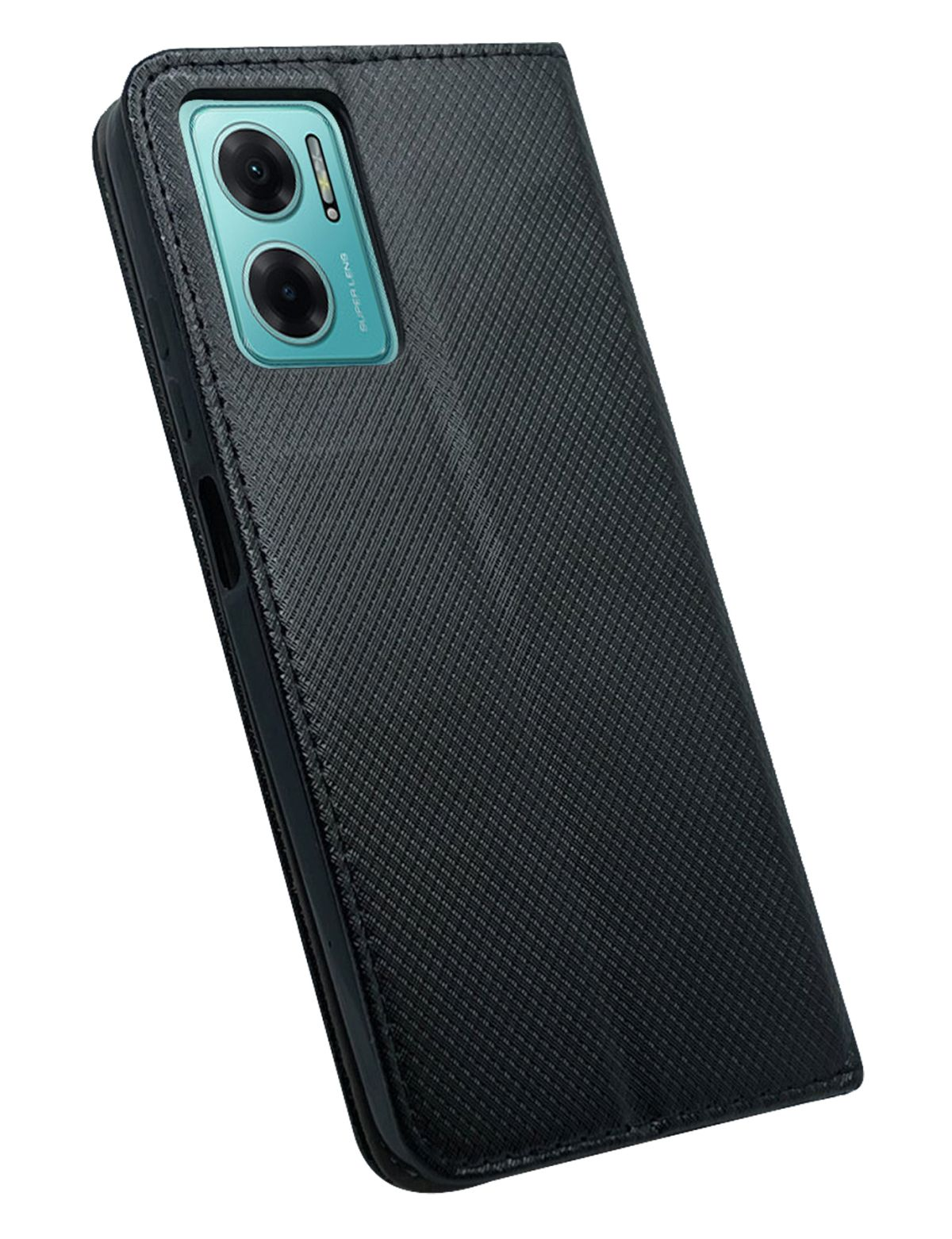 Schwarze Handyhülle mit strukturiertem Design, bedeckt ein Telefon mit Kamera.