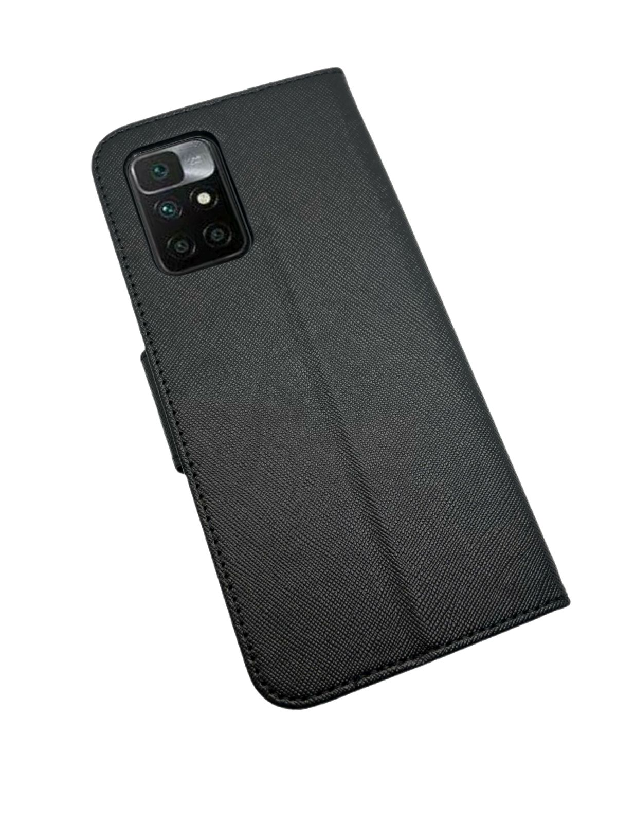 Schwarze Handyhülle mit strukturierter Oberfläche, Kameraausschnitt und Wallet-Design.