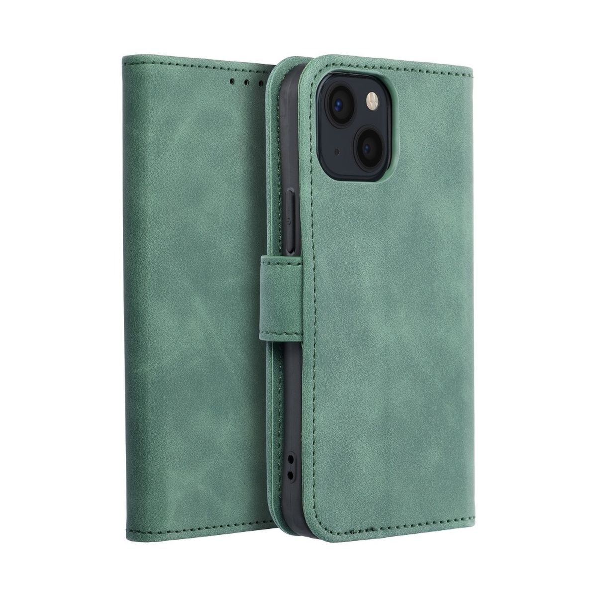 Offene grüne Handyhülle, Telefon zeigend. Gehäuse ist strukturiert. Schwarzer Rand umrahmt das Telefon.