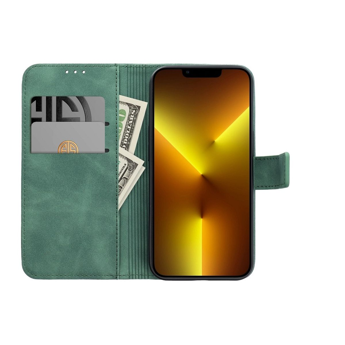 Grüne Handyhülle mit Geldbörse und Kartenfächern, hält ein Handy mit Dollarnoten auf weißem Hintergrund.