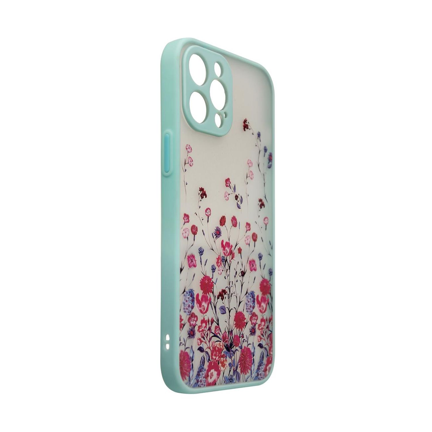 Eine Handyhülle mit floralem Design auf weißem Hintergrund, mintgrüne Kanten.