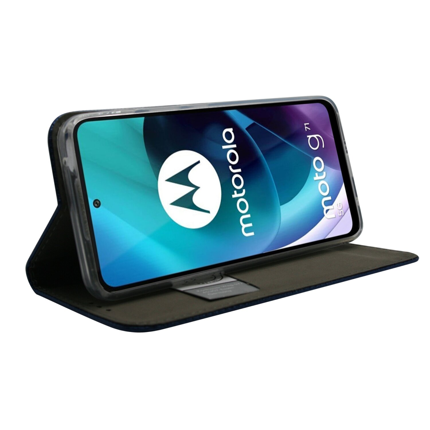 Geöffnete Handyhülle mit Motorola-Telefon und Text. Weißer Hintergrund.