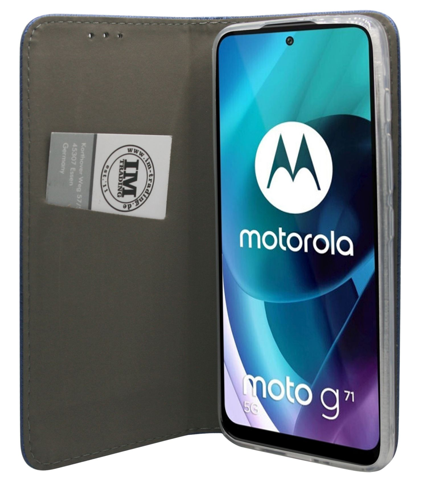 Handyhülle mit Telefon, zeigt Motorola-Logo auf dem Bildschirm.