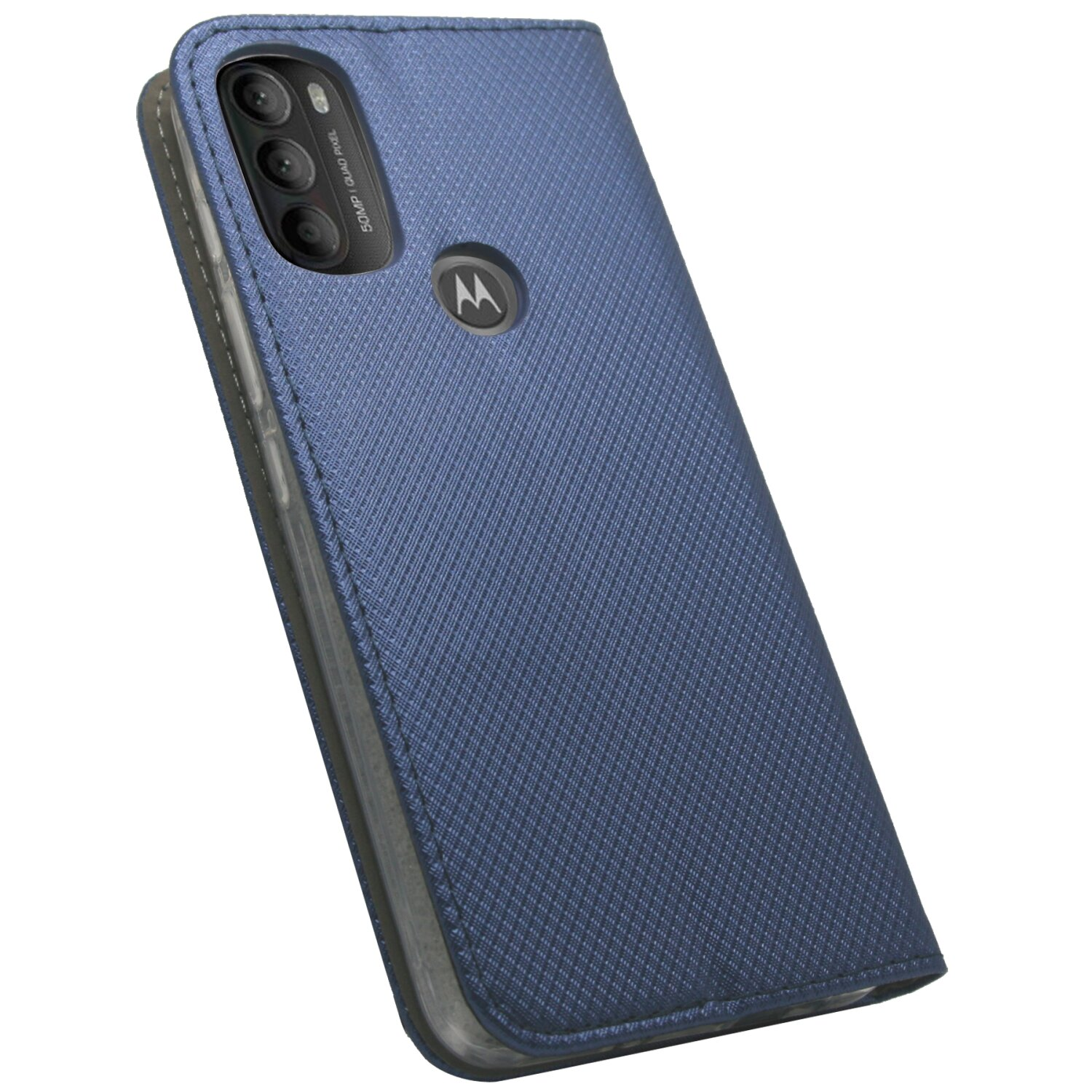 Eine blaue Handyhülle mit Motorola-Logo und drei Kameralinsen.