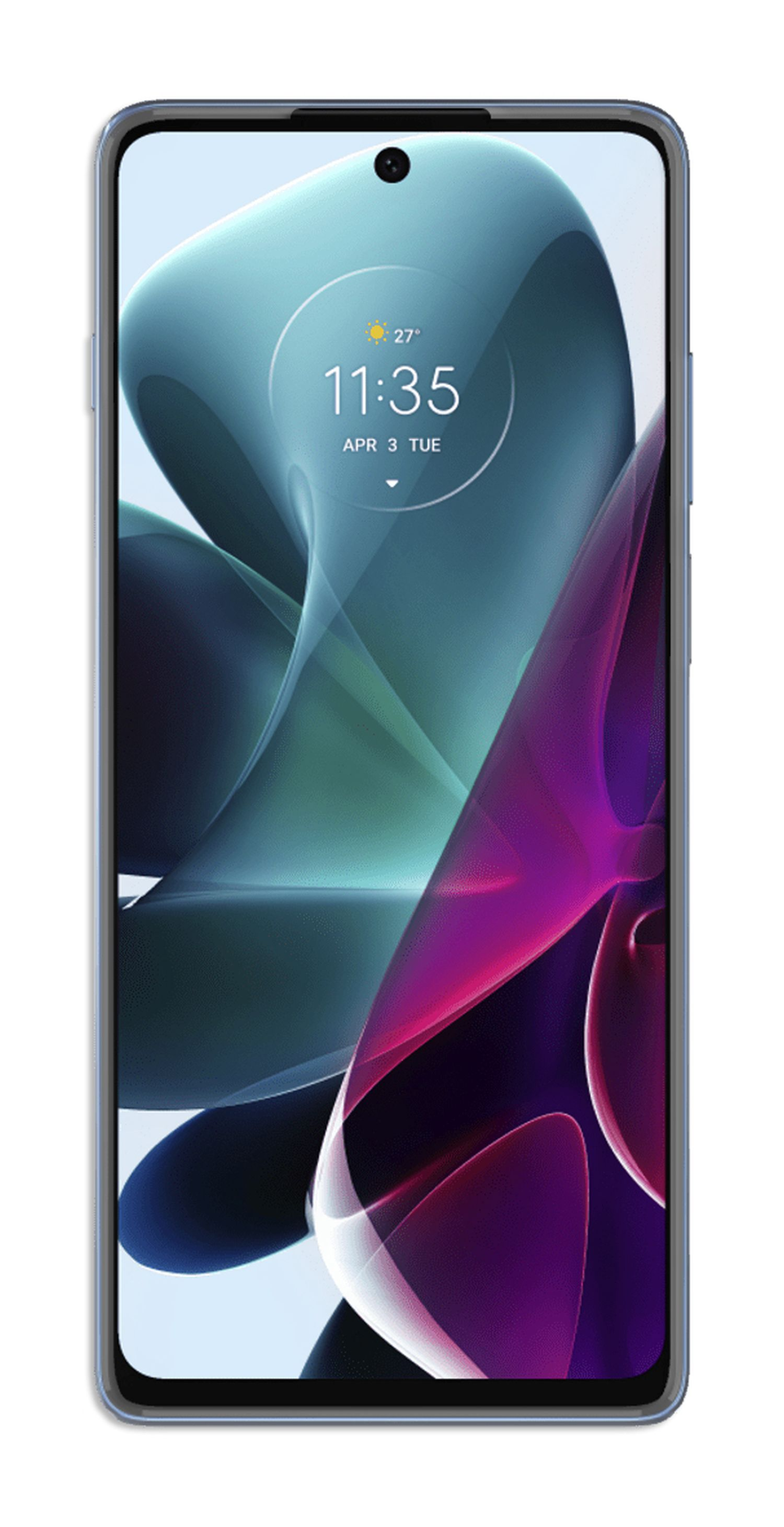 Blaues Smartphone mit einer Uhranzeige. Die Uhrzeit ist 11:35 Uhr, das Datum ist 3. APR. Weißer Hintergrund.