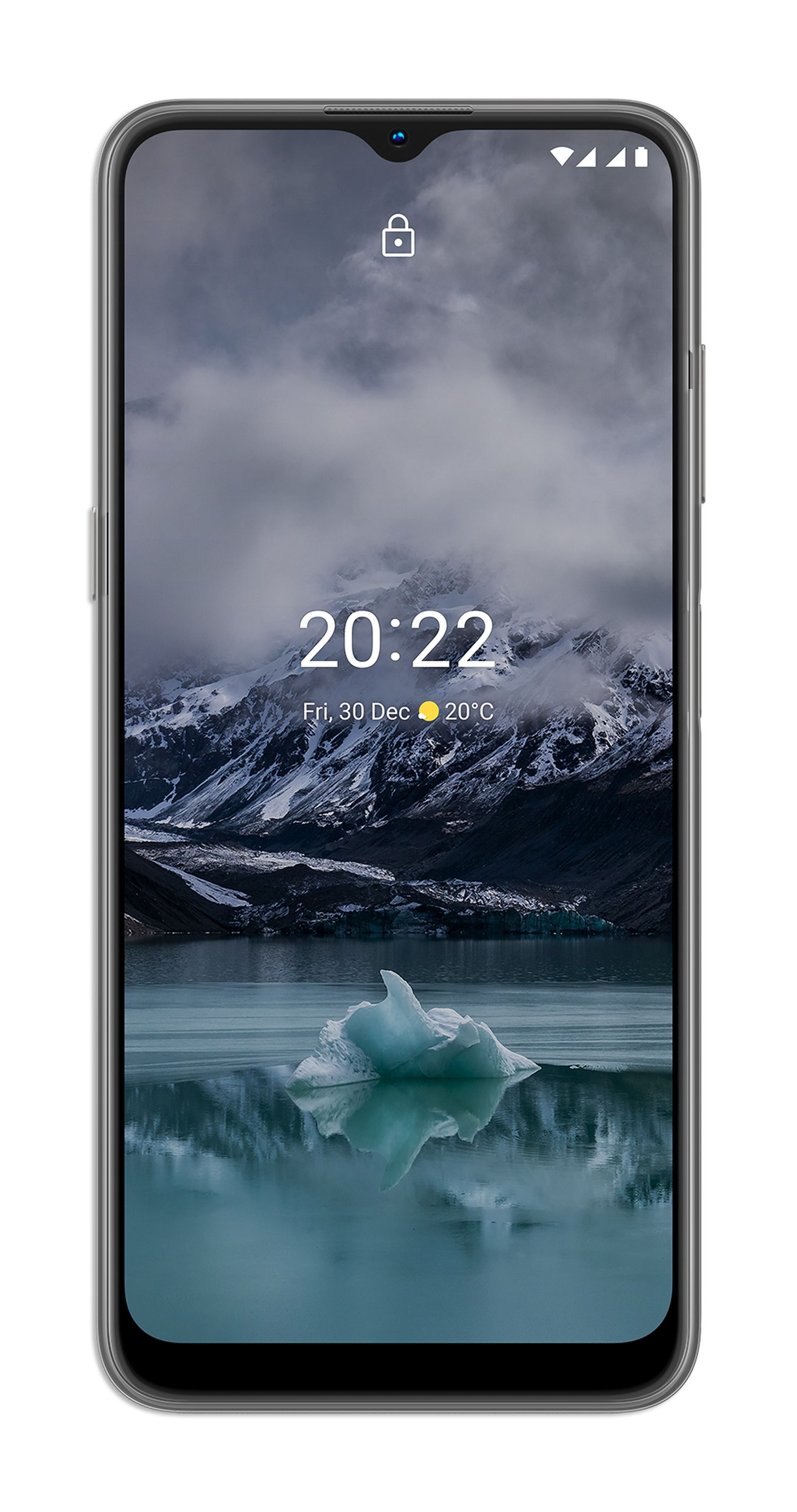 Smartphone-Bildschirm mit einer malerischen Ansicht mit Bergkette und Eisberg im Wasser.