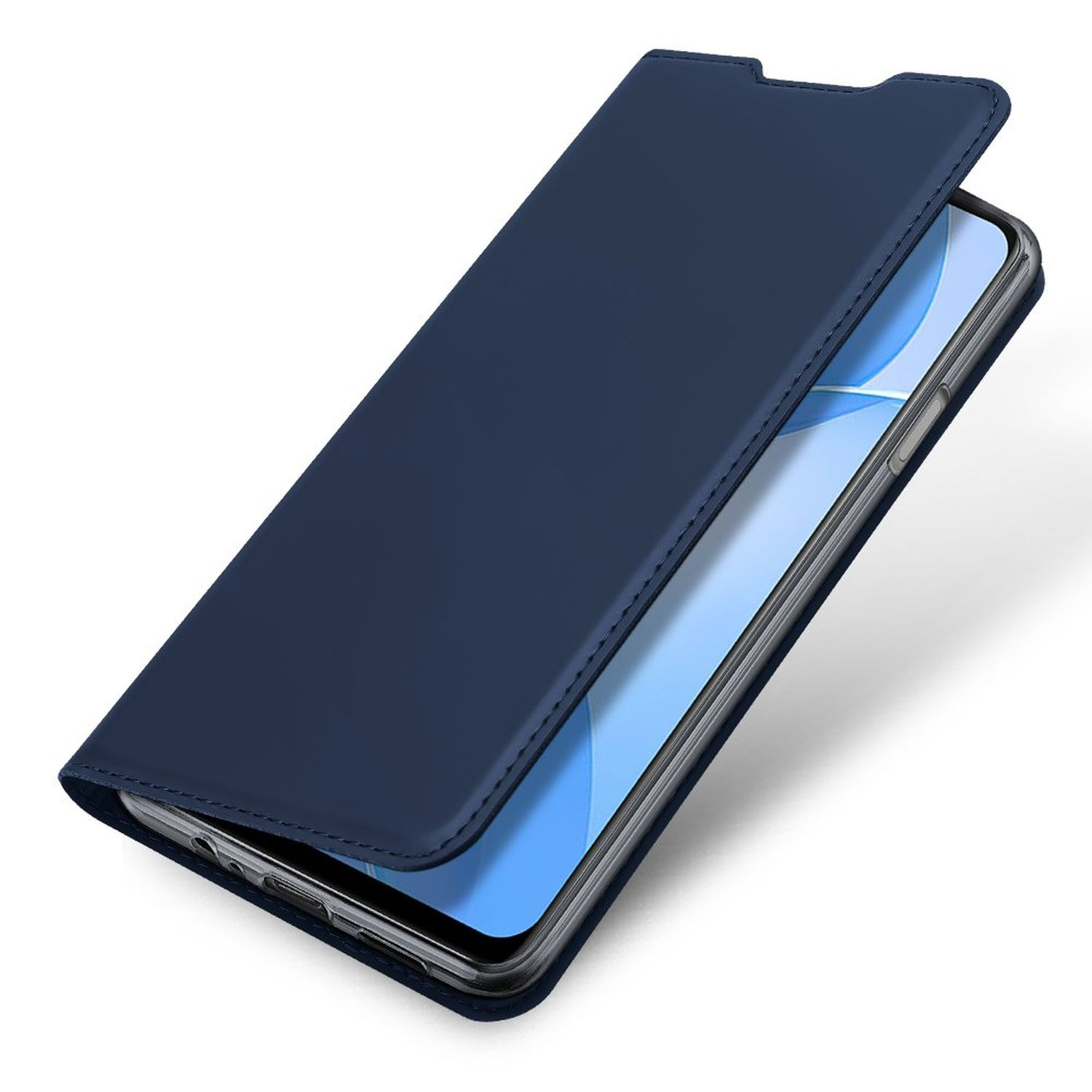 Blaue Handyhülle mit geöffnetem Deckel, der einen Telefonbildschirm zeigt.