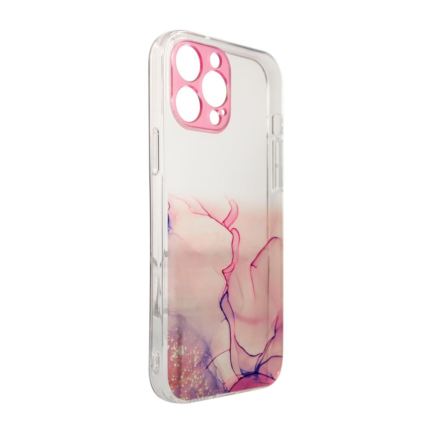Transparente Handyhülle mit rosa Akzenten. Zeigt ein marmorähnliches Design. Hat einen Kameraausschnitt.